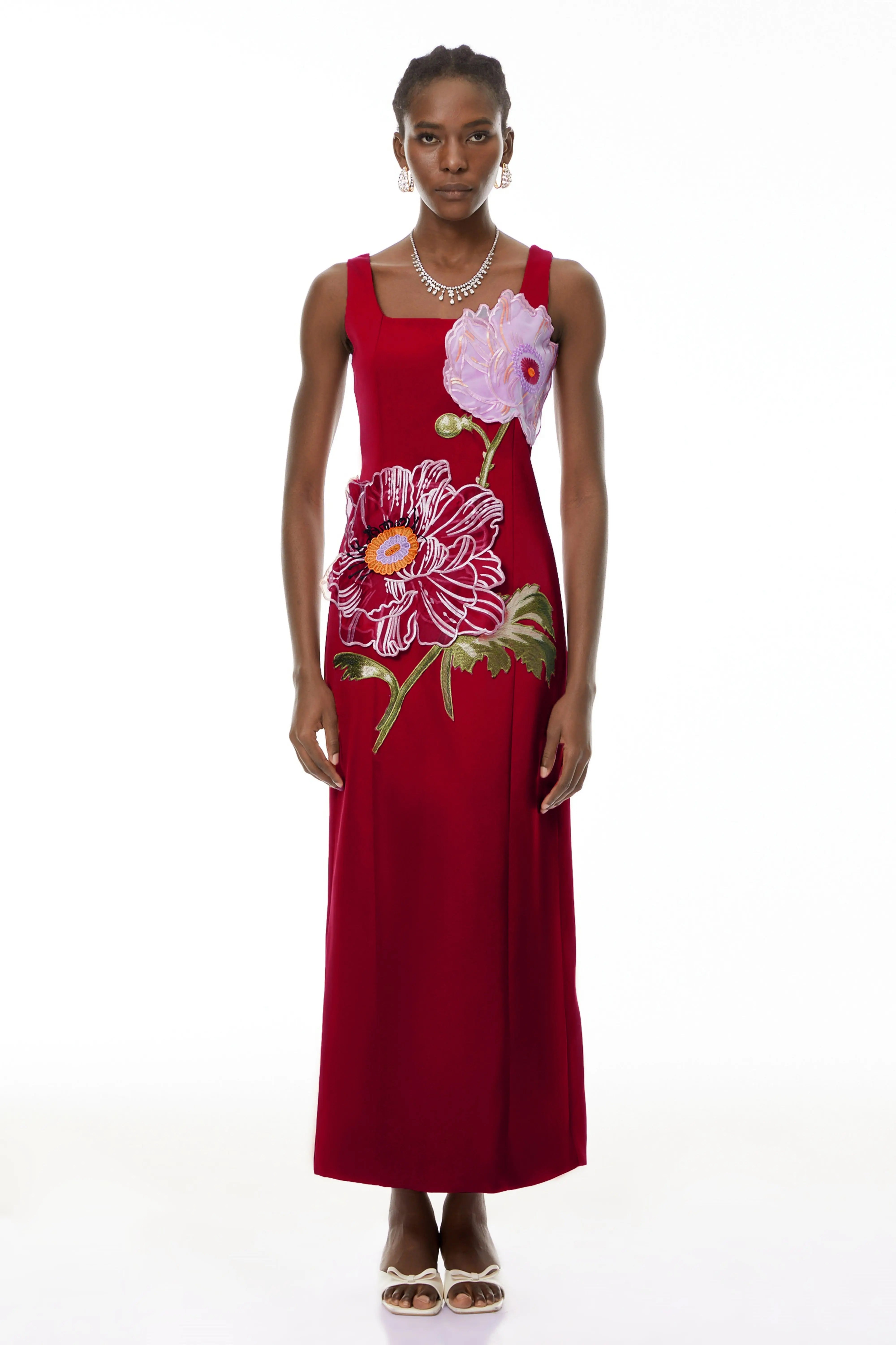 Square Neck Flower Embroidery Satin Maxi Dress in Red