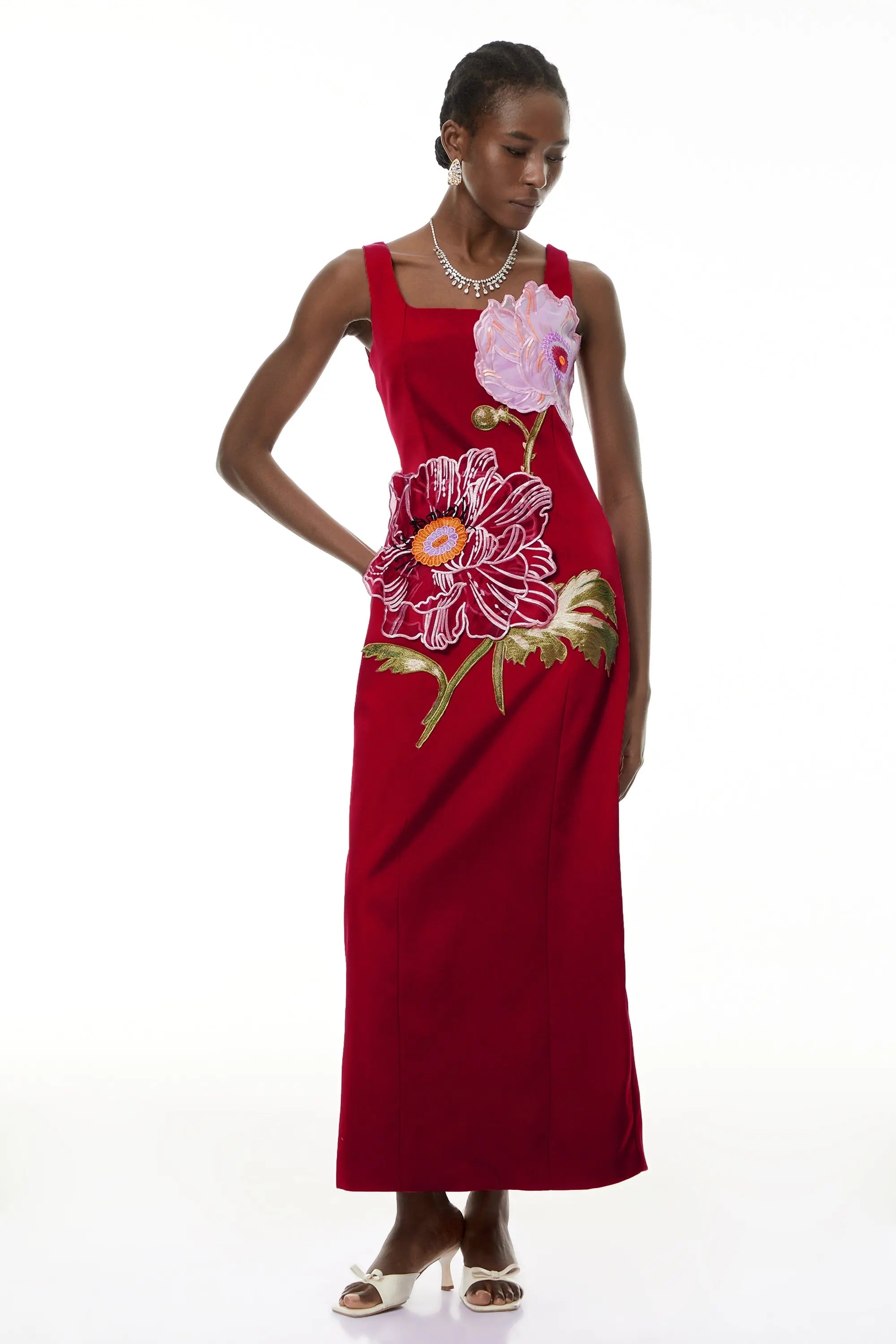 Square Neck Flower Embroidery Satin Maxi Dress in Red