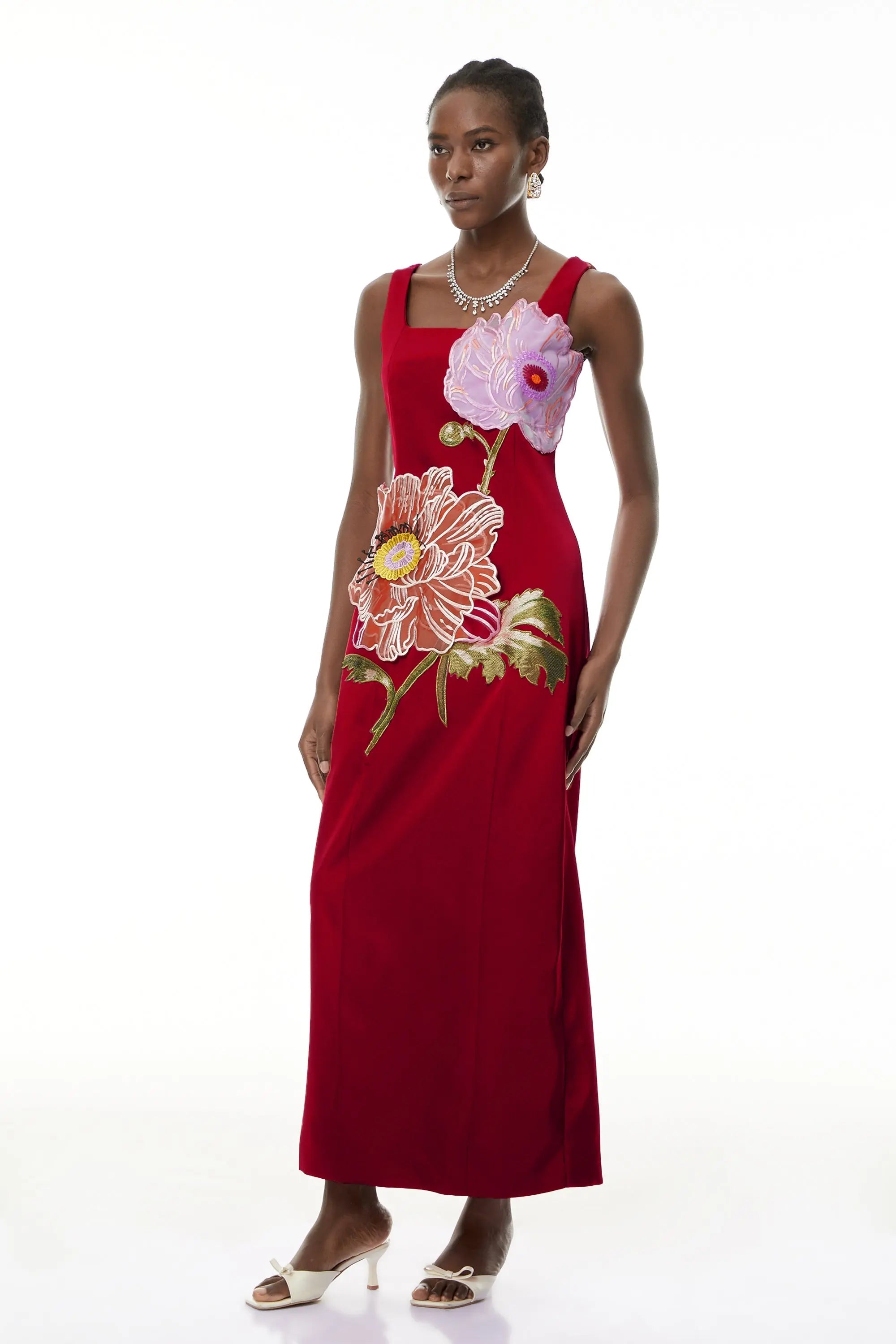 Square Neck Flower Embroidery Satin Maxi Dress in Red