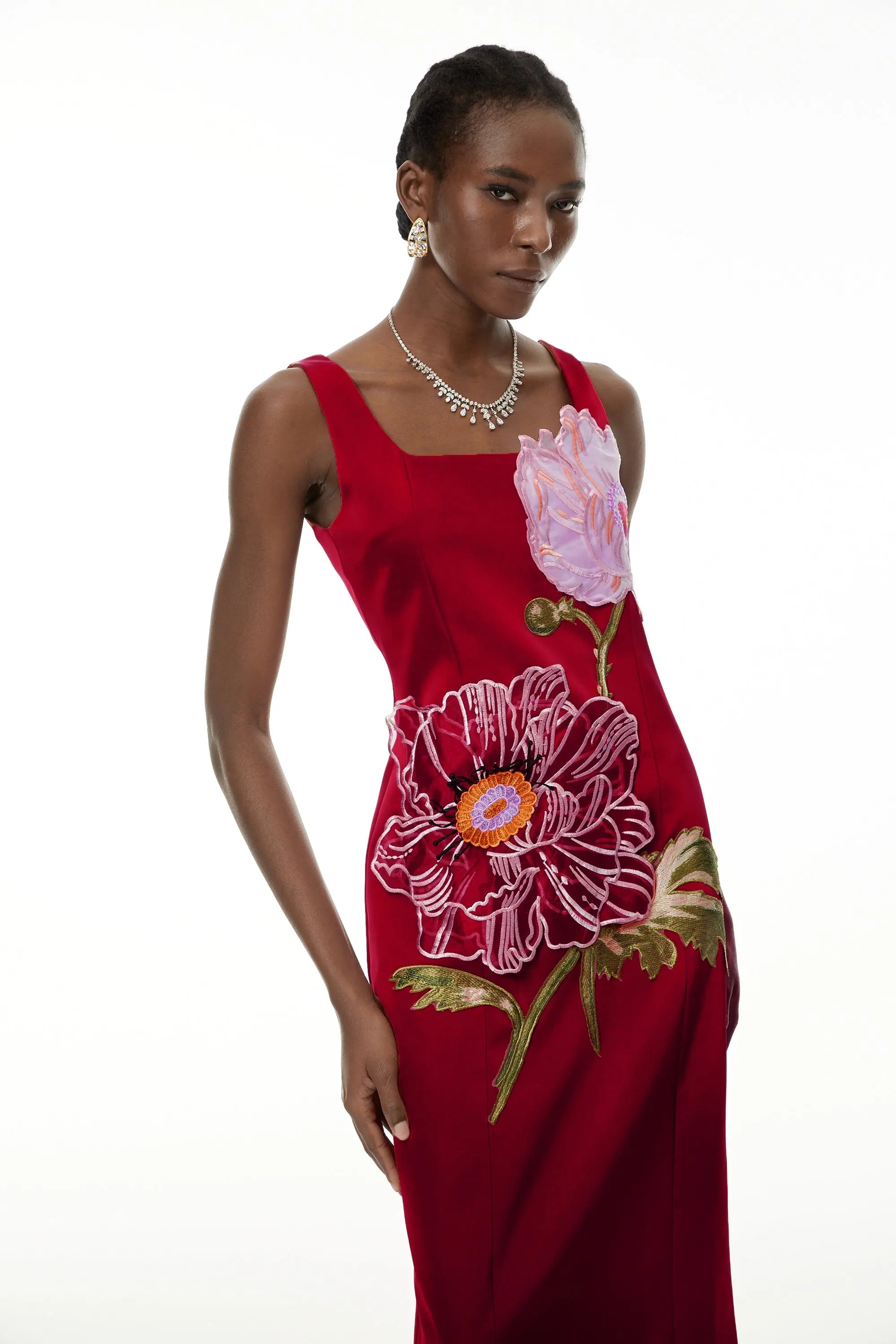 Square Neck Flower Embroidery Satin Maxi Dress in Red