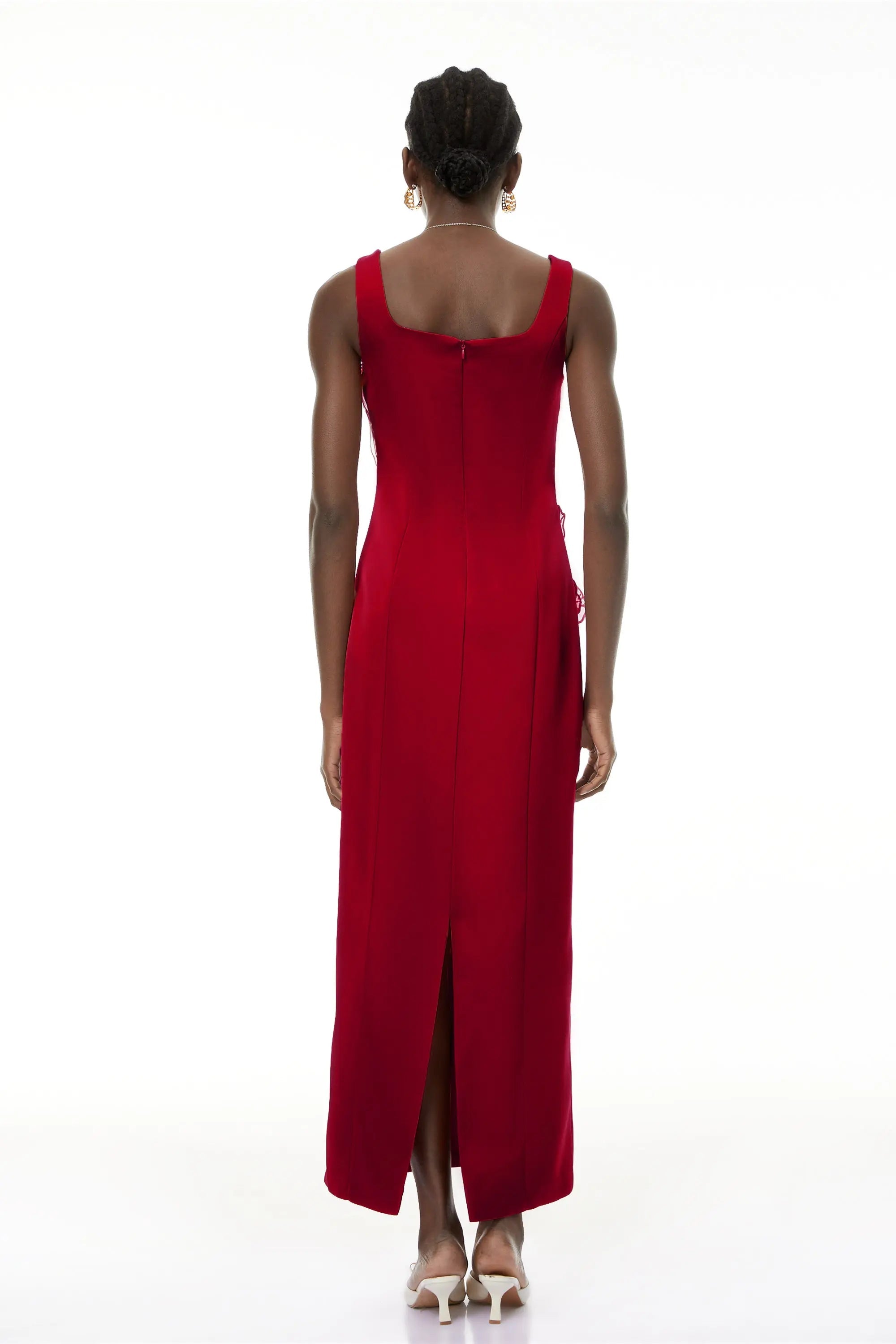 Square Neck Flower Embroidery Satin Maxi Dress in Red