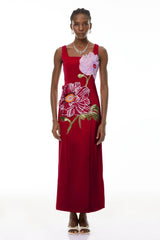 Square Neck Flower Embroidery Satin Maxi Dress in Red