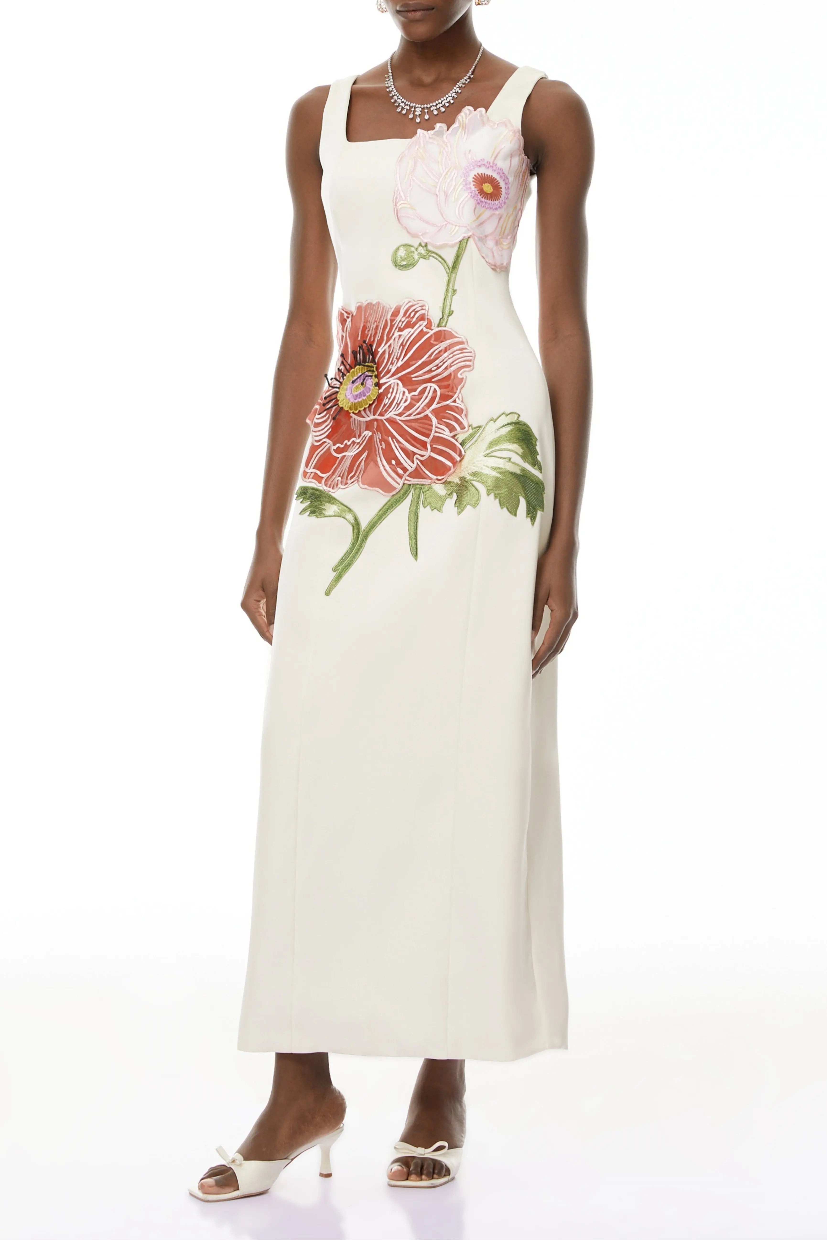 Square Neck Flower Embroidery Satin Maxi Dress in Apricot