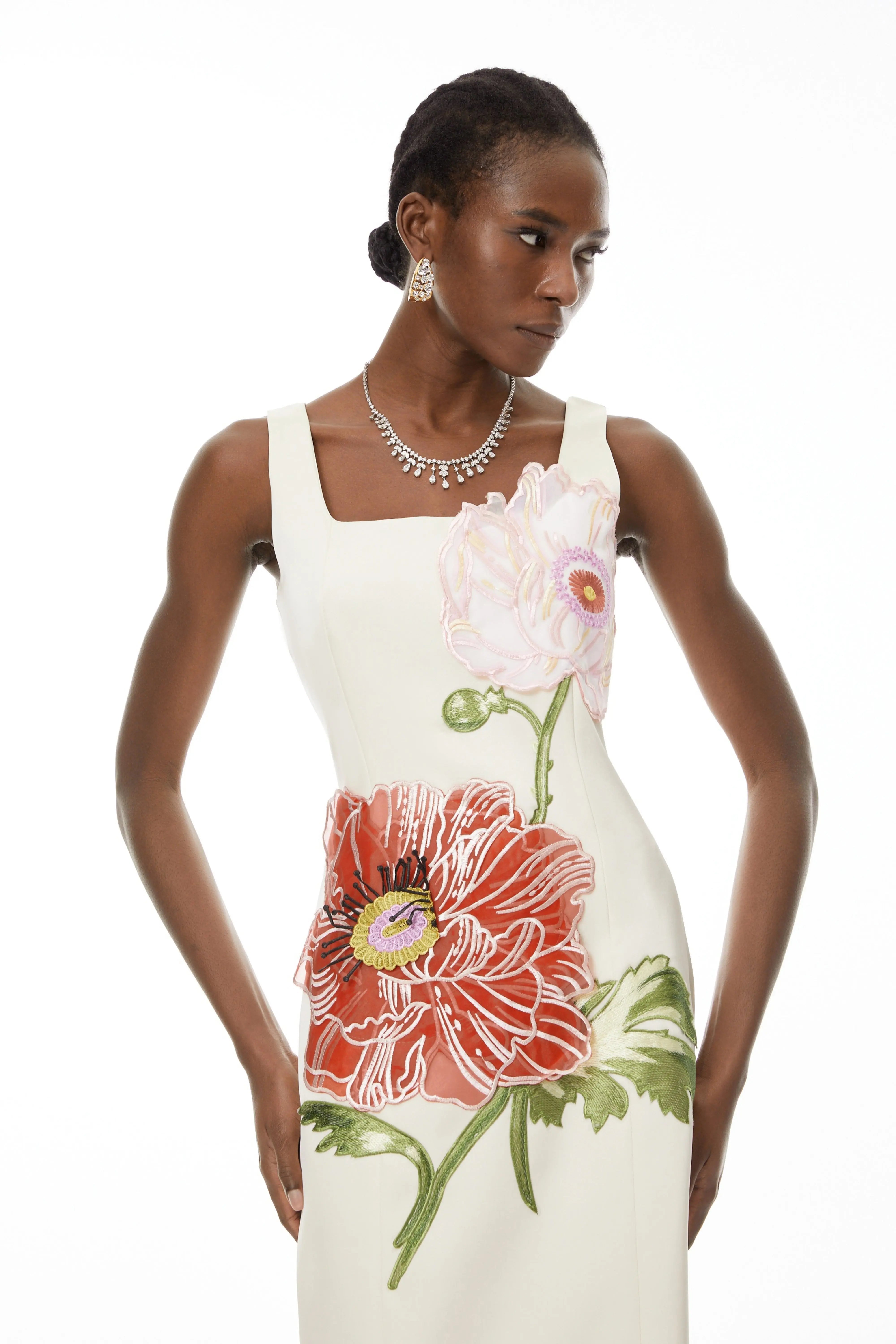 Square Neck Flower Embroidery Satin Maxi Dress in Apricot