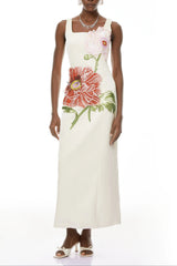 Square Neck Flower Embroidery Satin Maxi Dress in Apricot