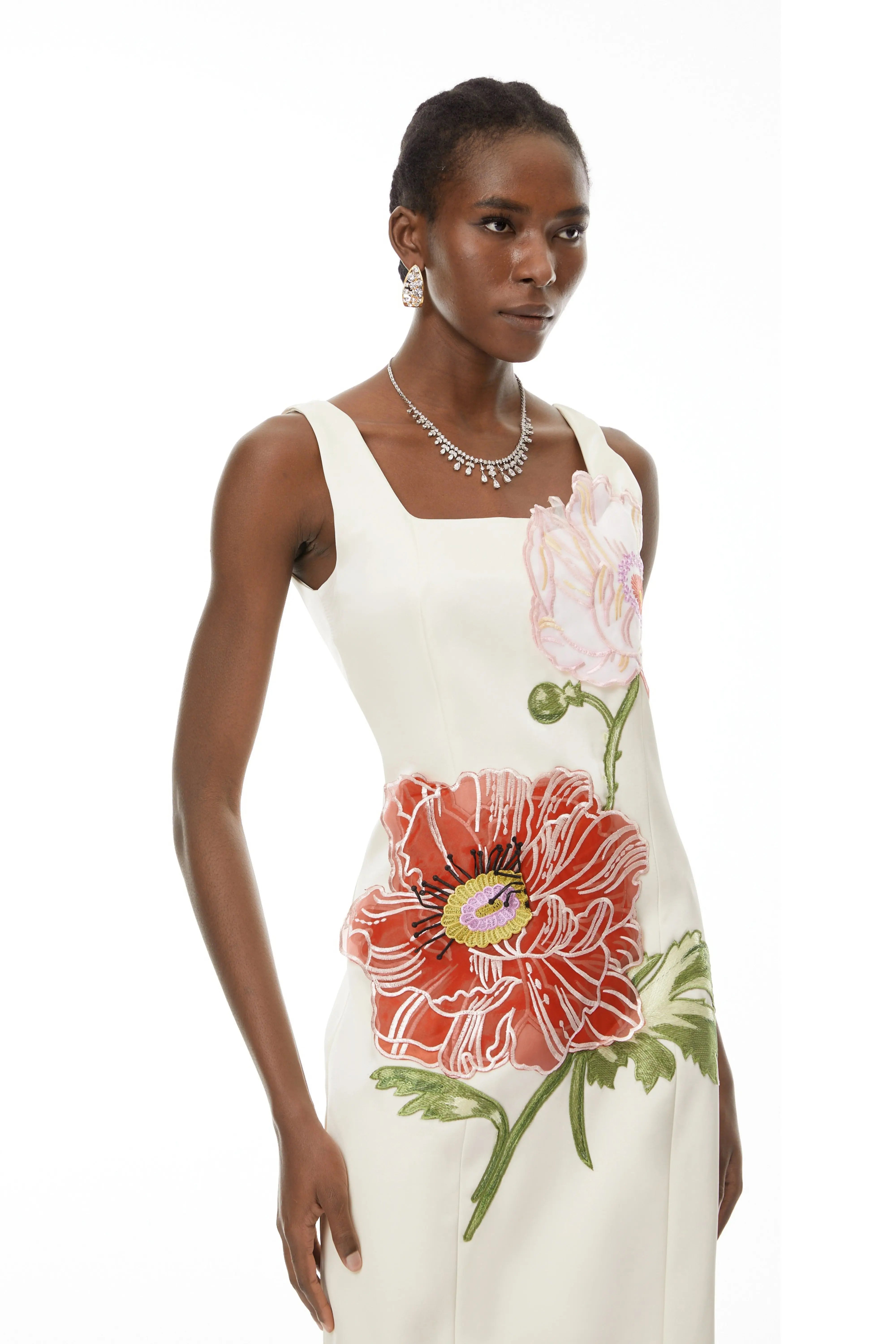 Square Neck Flower Embroidery Satin Maxi Dress in Apricot