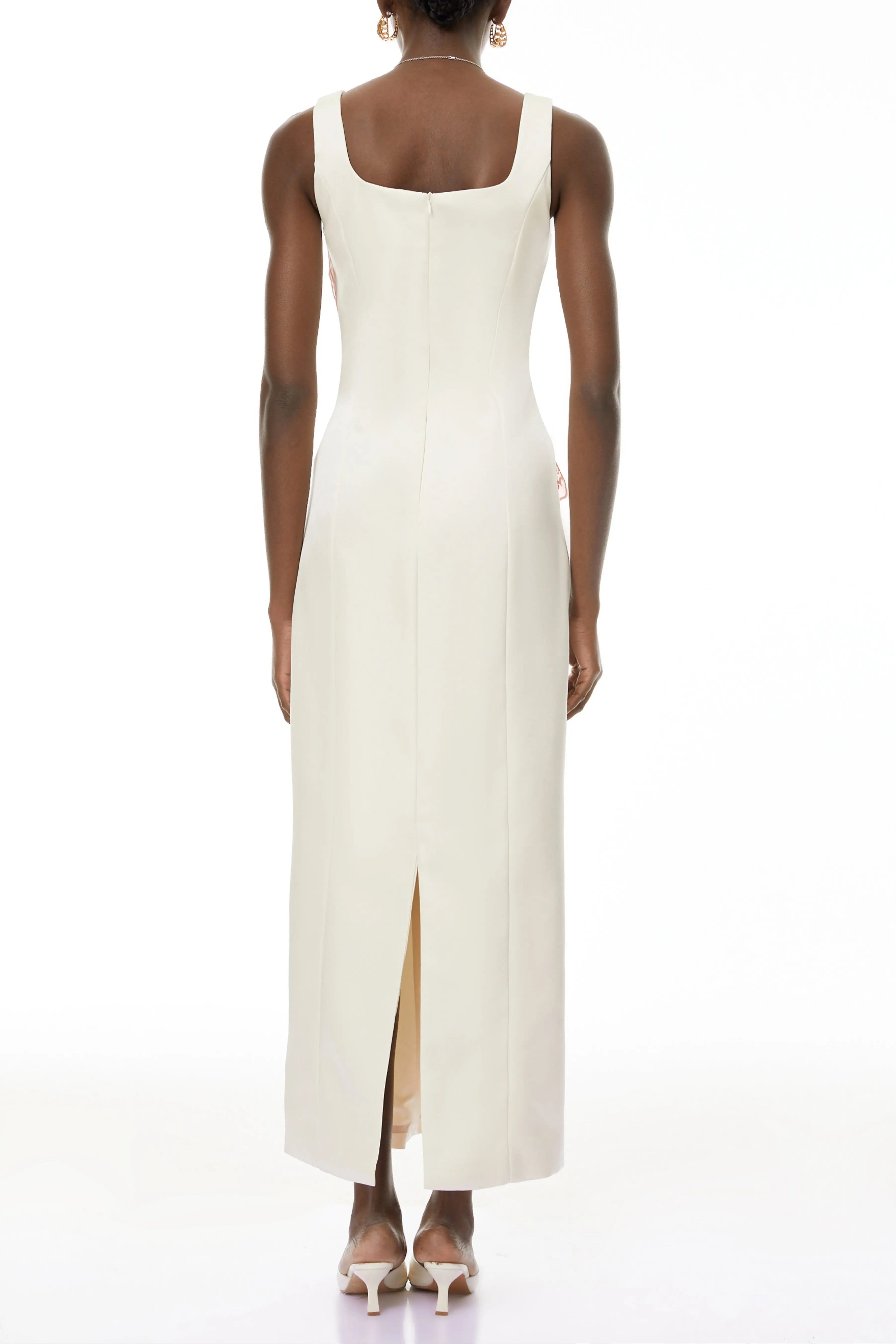 Square Neck Flower Embroidery Satin Maxi Dress in Apricot