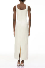 Square Neck Flower Embroidery Satin Maxi Dress in Apricot
