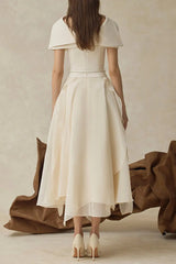 Beige Cape Sleeve Ruffle Midi Dress with Belt