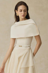 Beige Cape Sleeve Ruffle Midi Dress with Belt