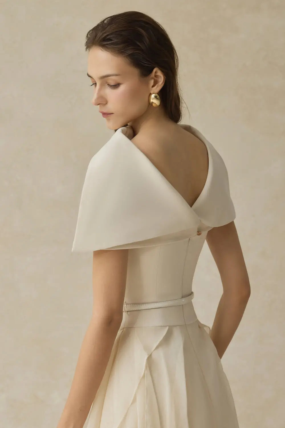 Beige Cape Sleeve Ruffle Midi Dress with Belt