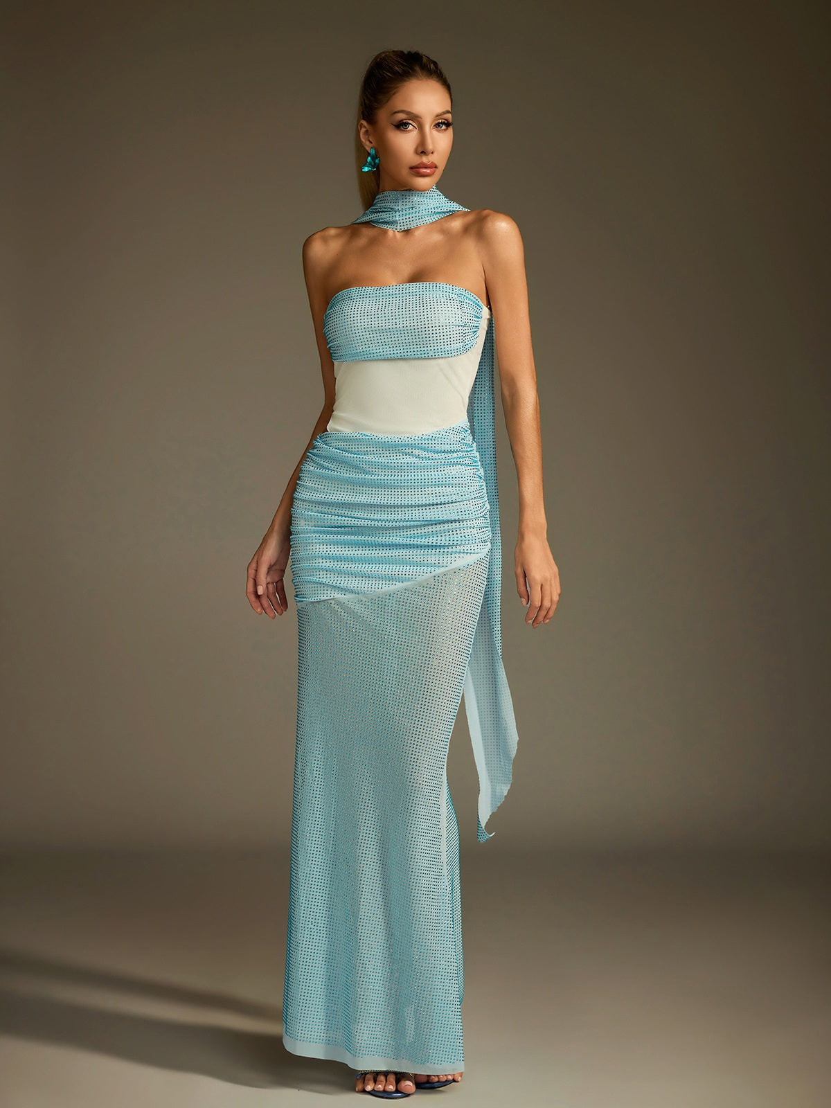 Off-Shoulder Rhinestone Scarf Mesh Maxi Dress