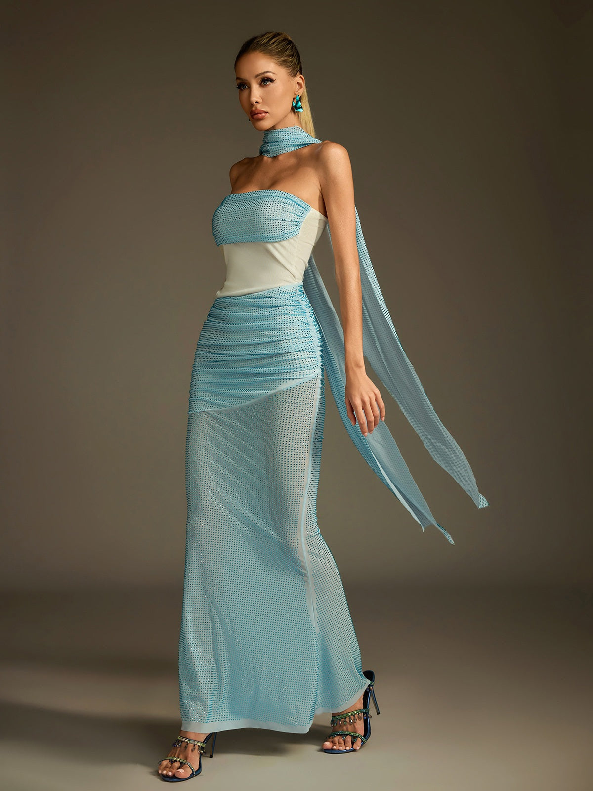 Off-Shoulder Rhinestone Scarf Mesh Maxi Dress