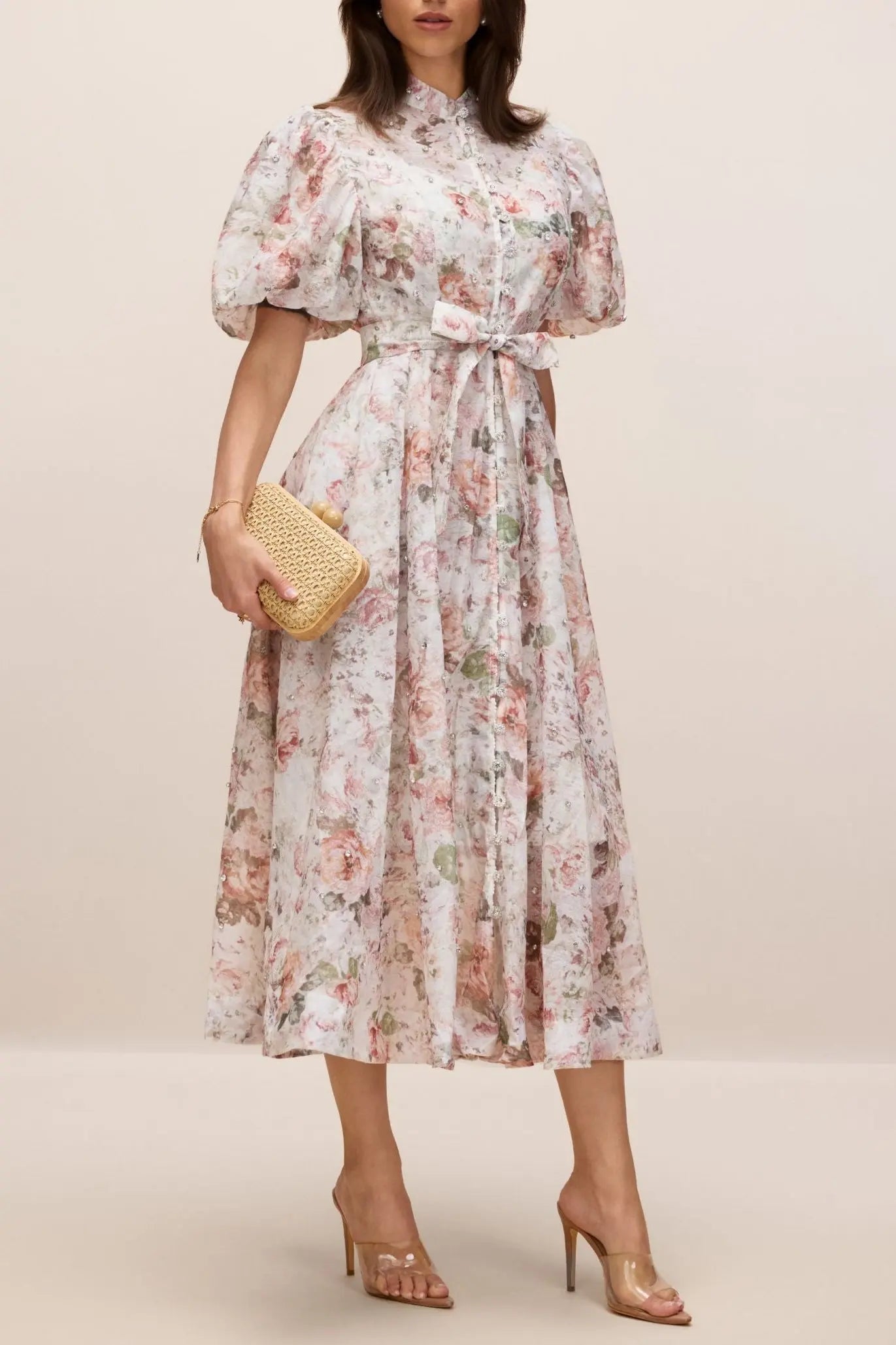 Floral Print Puff Sleeve Midi Dress