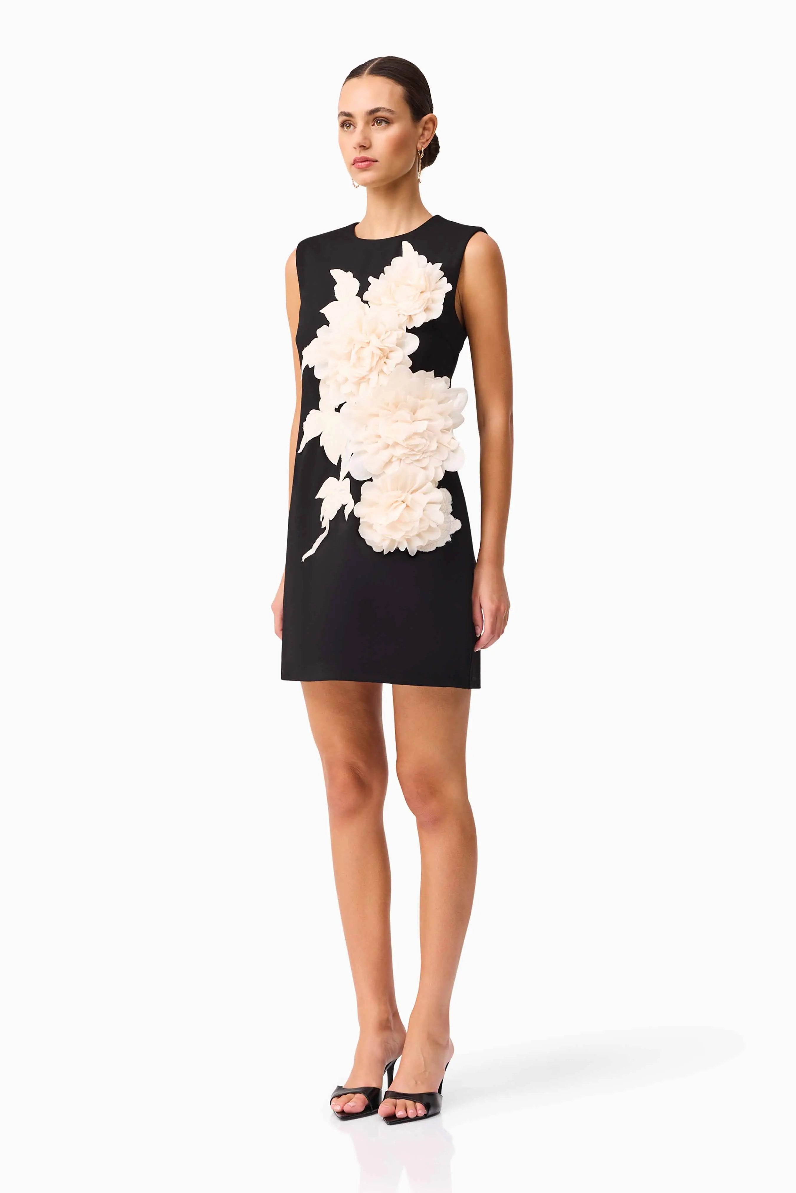 3D Flower Embellished Mini Dress in Black