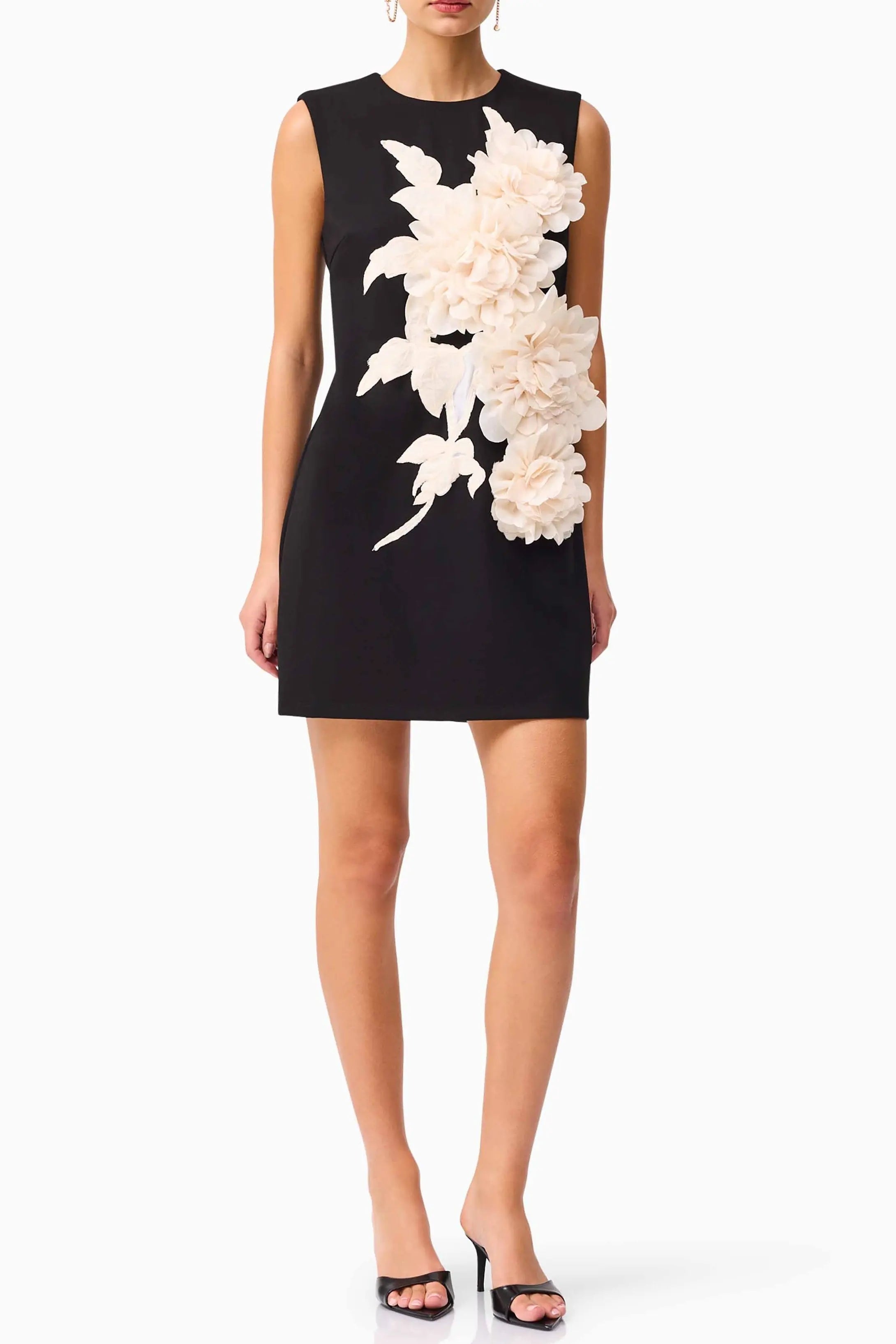 3D Flower Embellished Mini Dress in Black