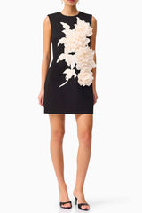3D Flower Embellished Mini Dress in Black