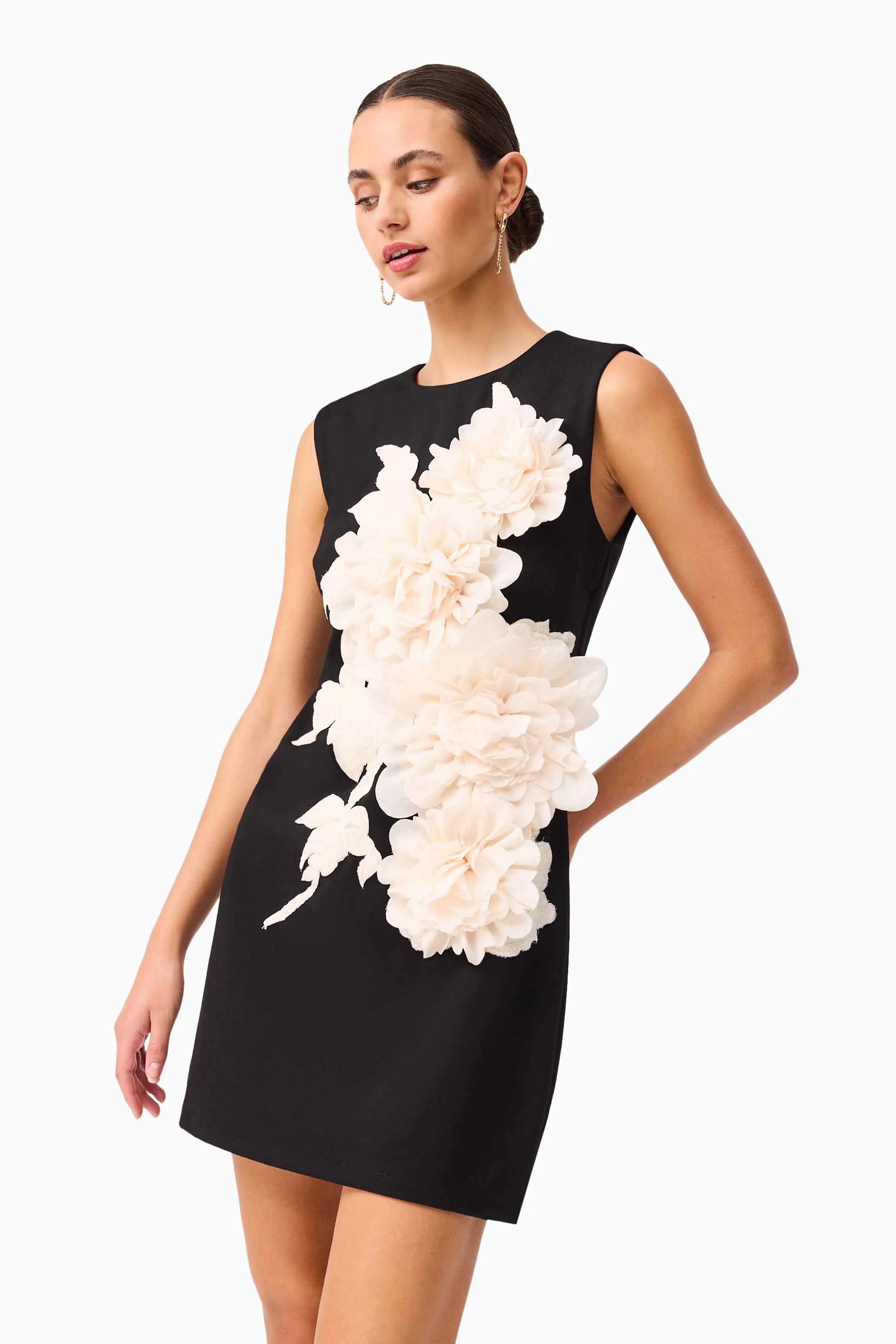 3D Flower Embellished Mini Dress in Black