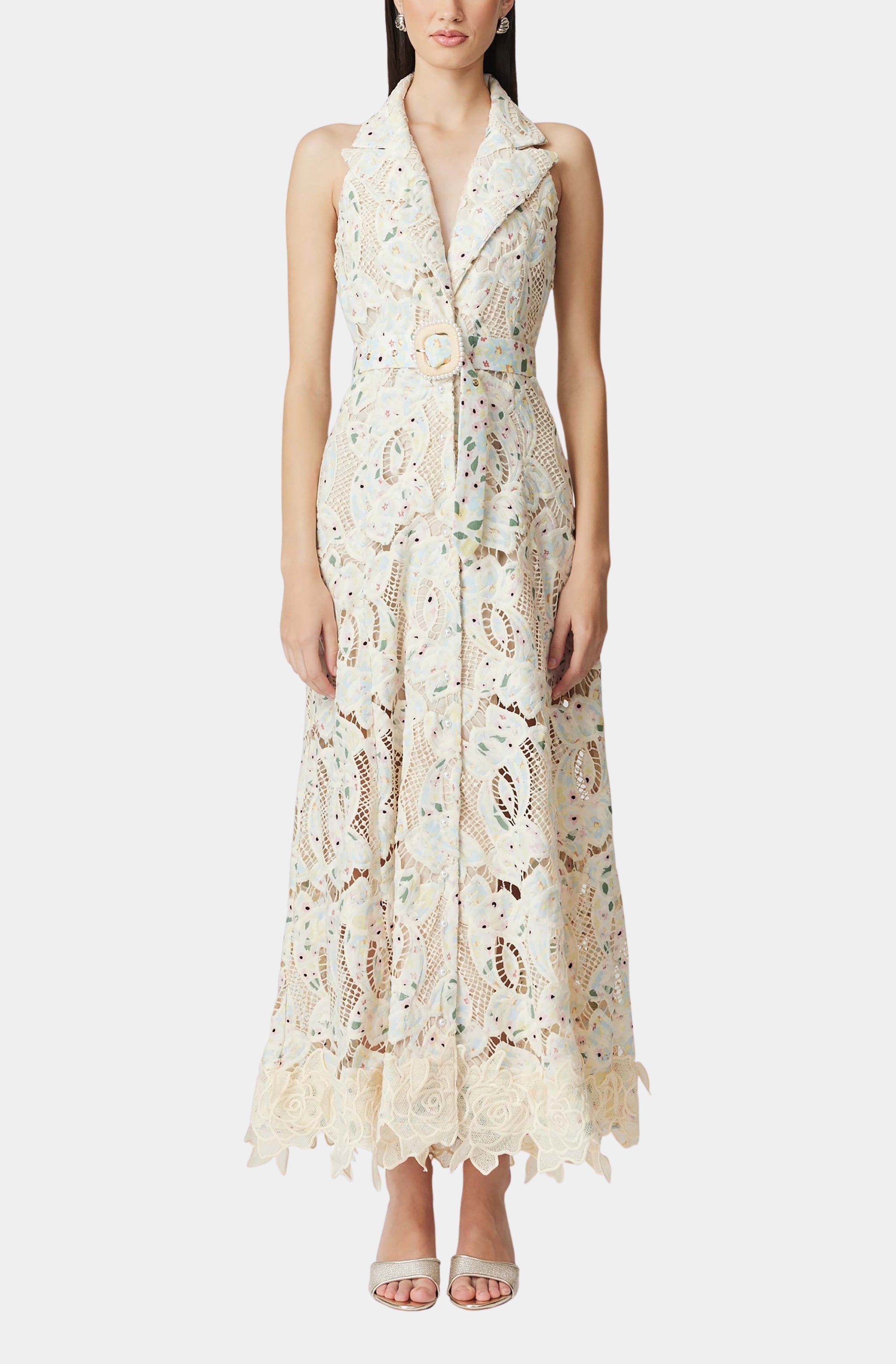 Sleeveless Hollow Lace Maxi Dress in Beige