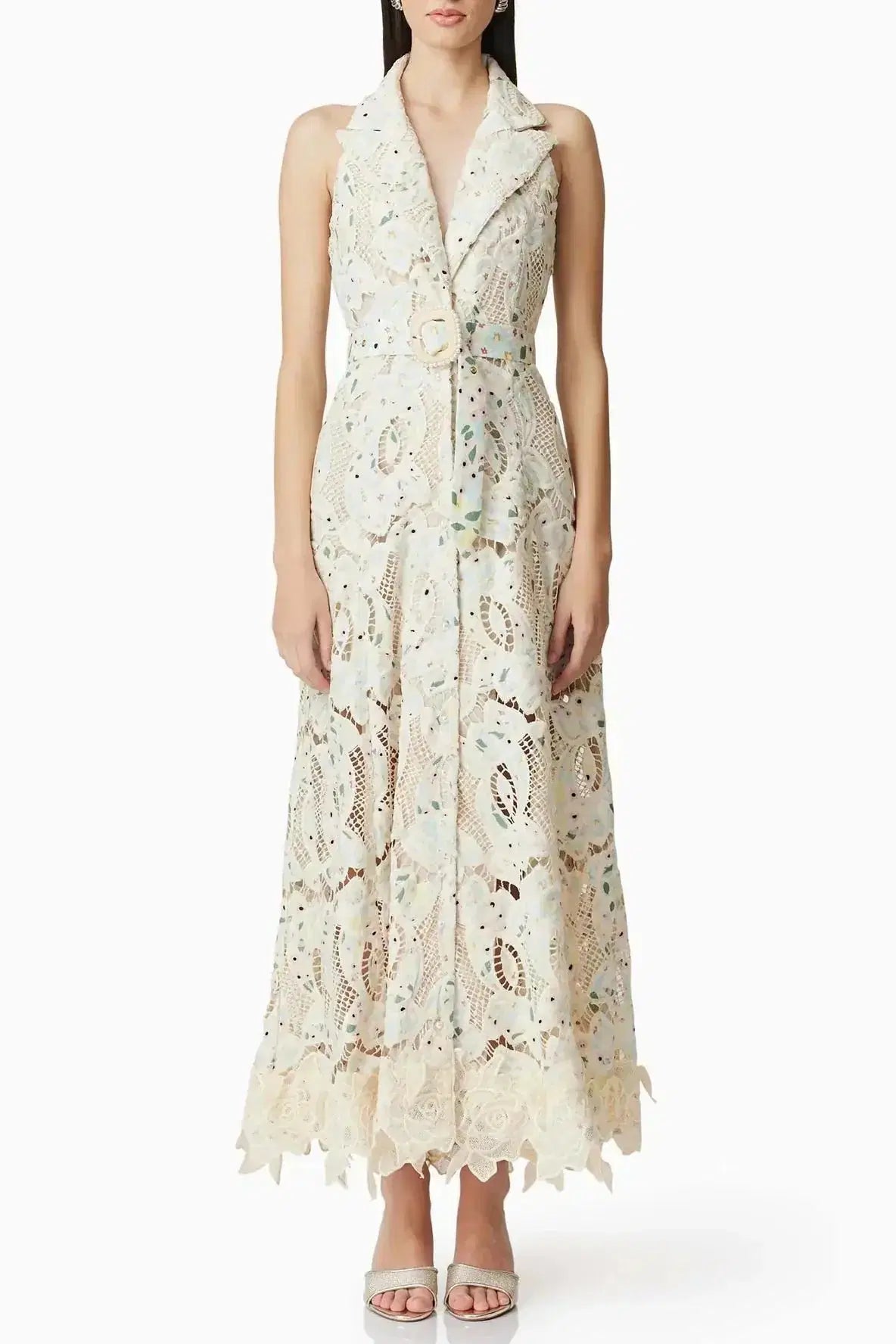 V-Neck Floral Embroidery Hollow Maxi Dress in Beige