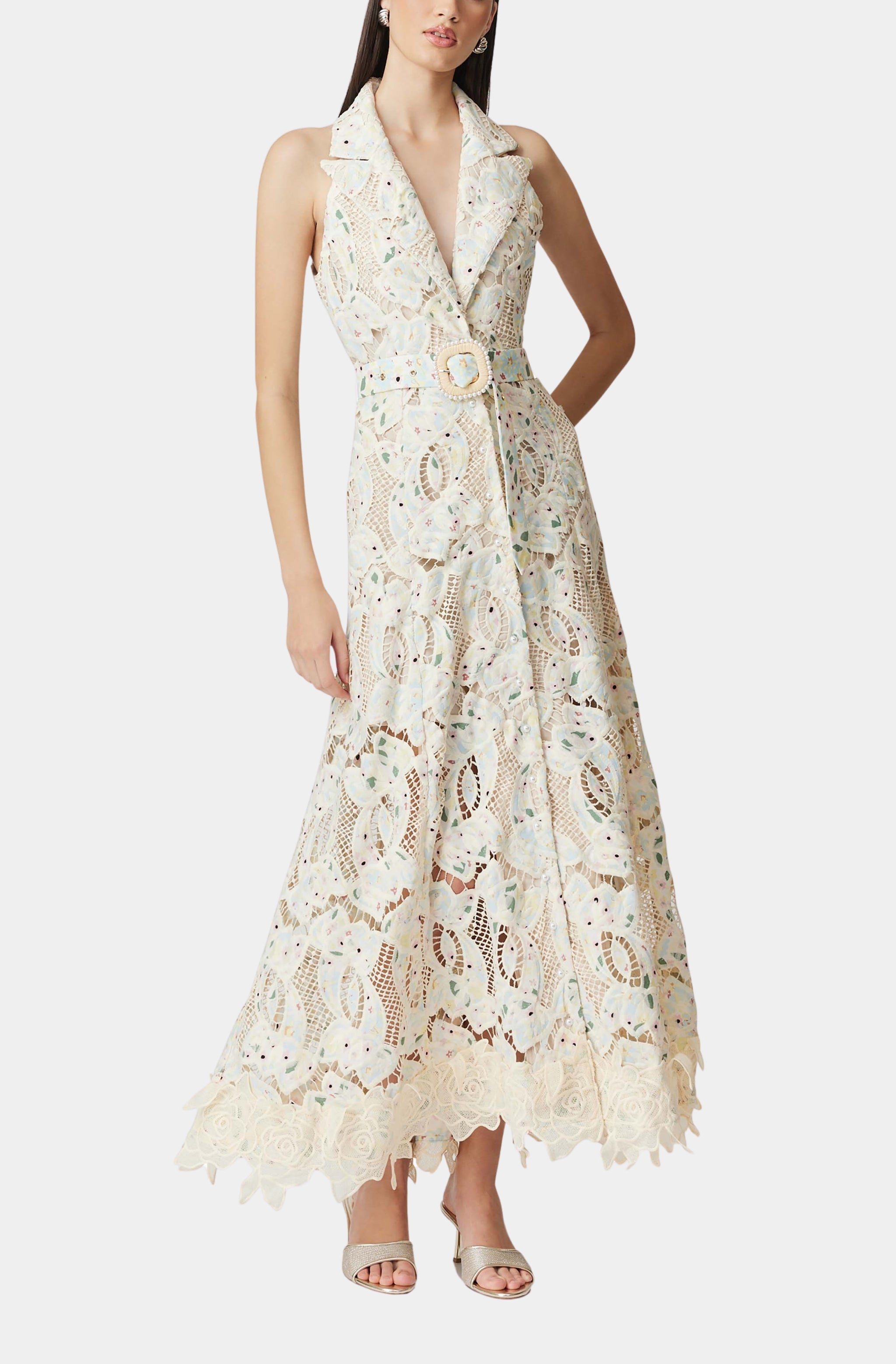 Sleeveless Hollow Lace Maxi Dress in Beige