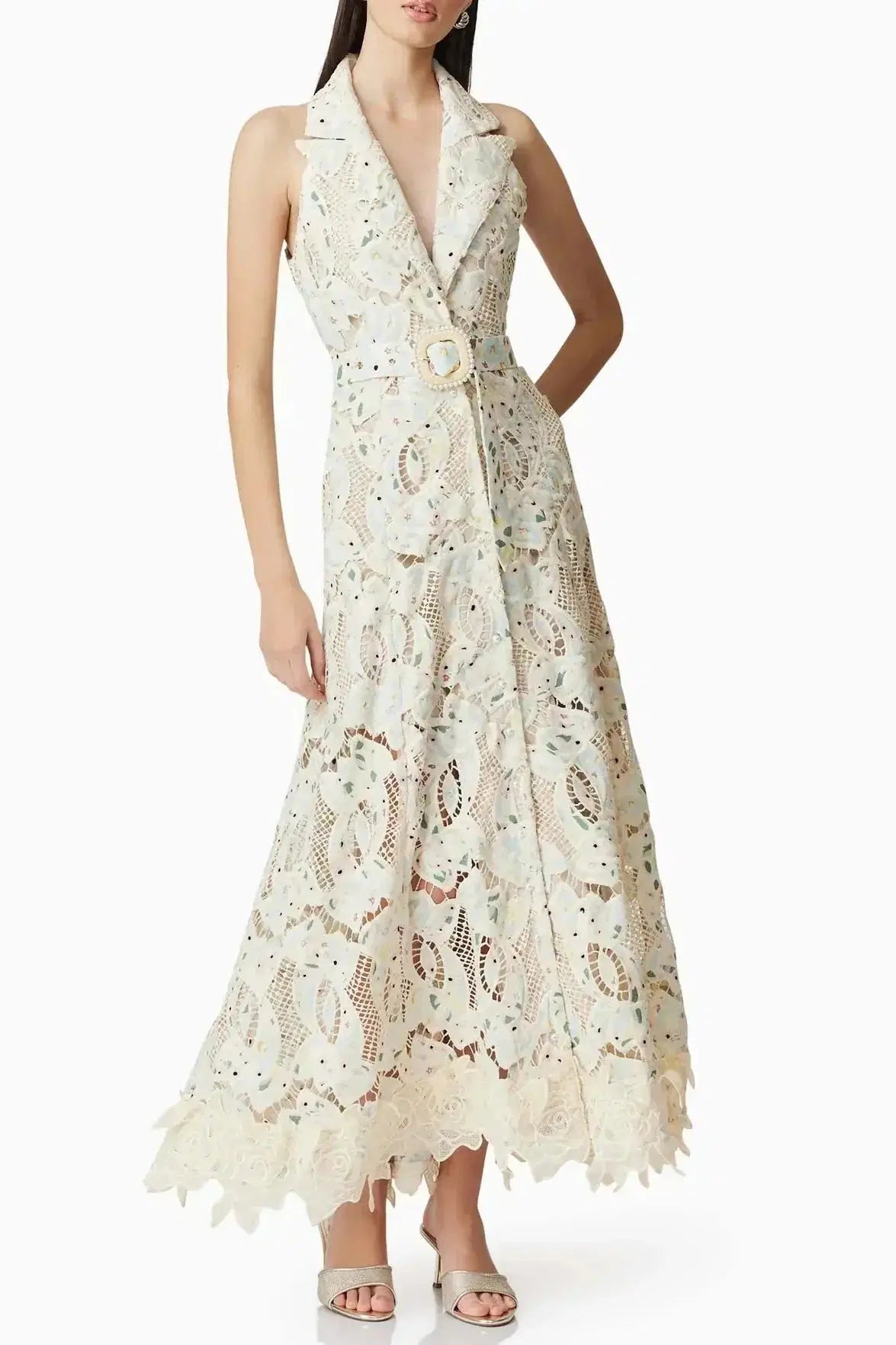 V-Neck Floral Embroidery Hollow Maxi Dress in Beige