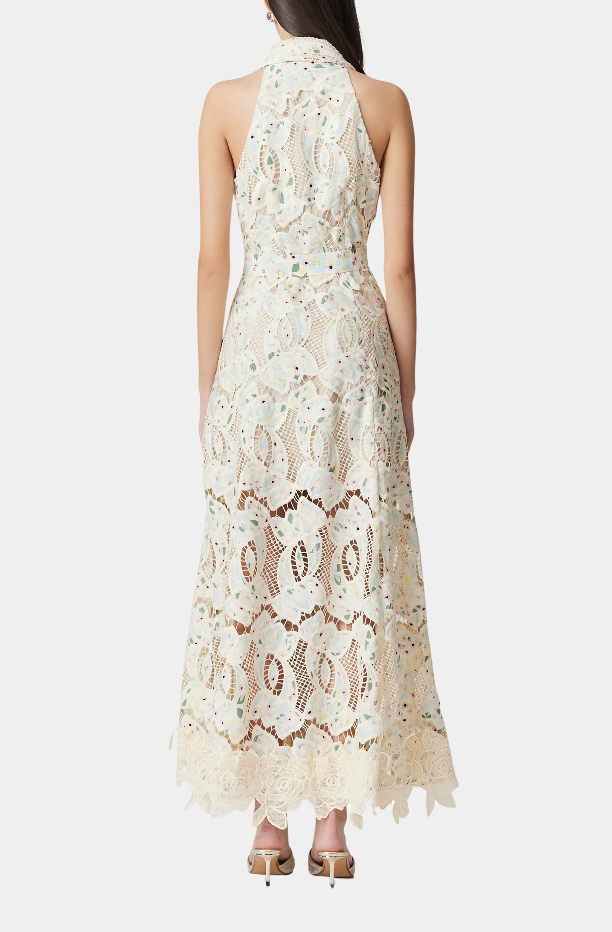 Sleeveless Hollow Lace Maxi Dress in Beige