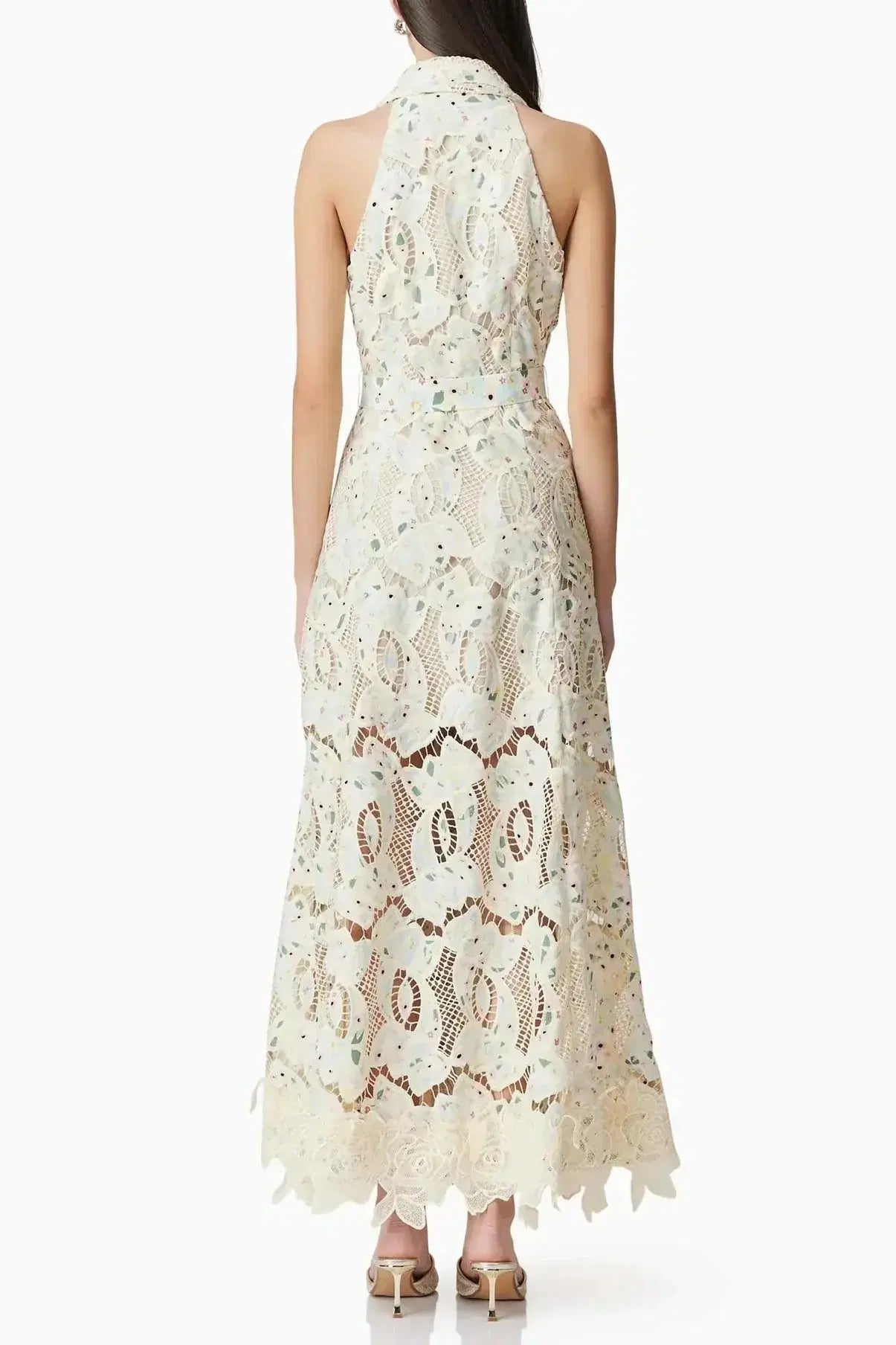 V-Neck Floral Embroidery Hollow Maxi Dress in Beige