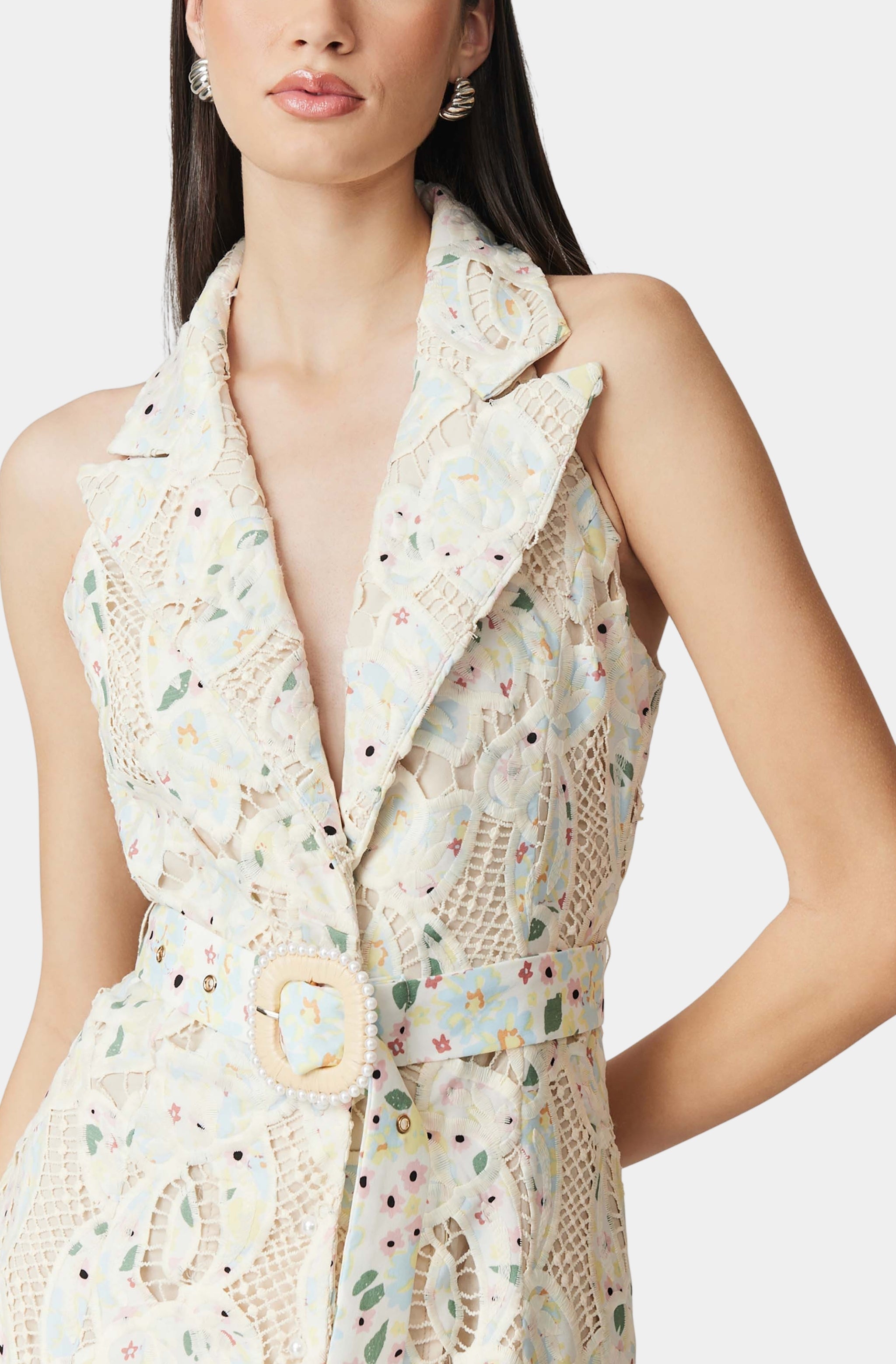 Sleeveless Hollow Lace Maxi Dress in Beige