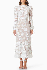 3D Floral Midi Dress In White