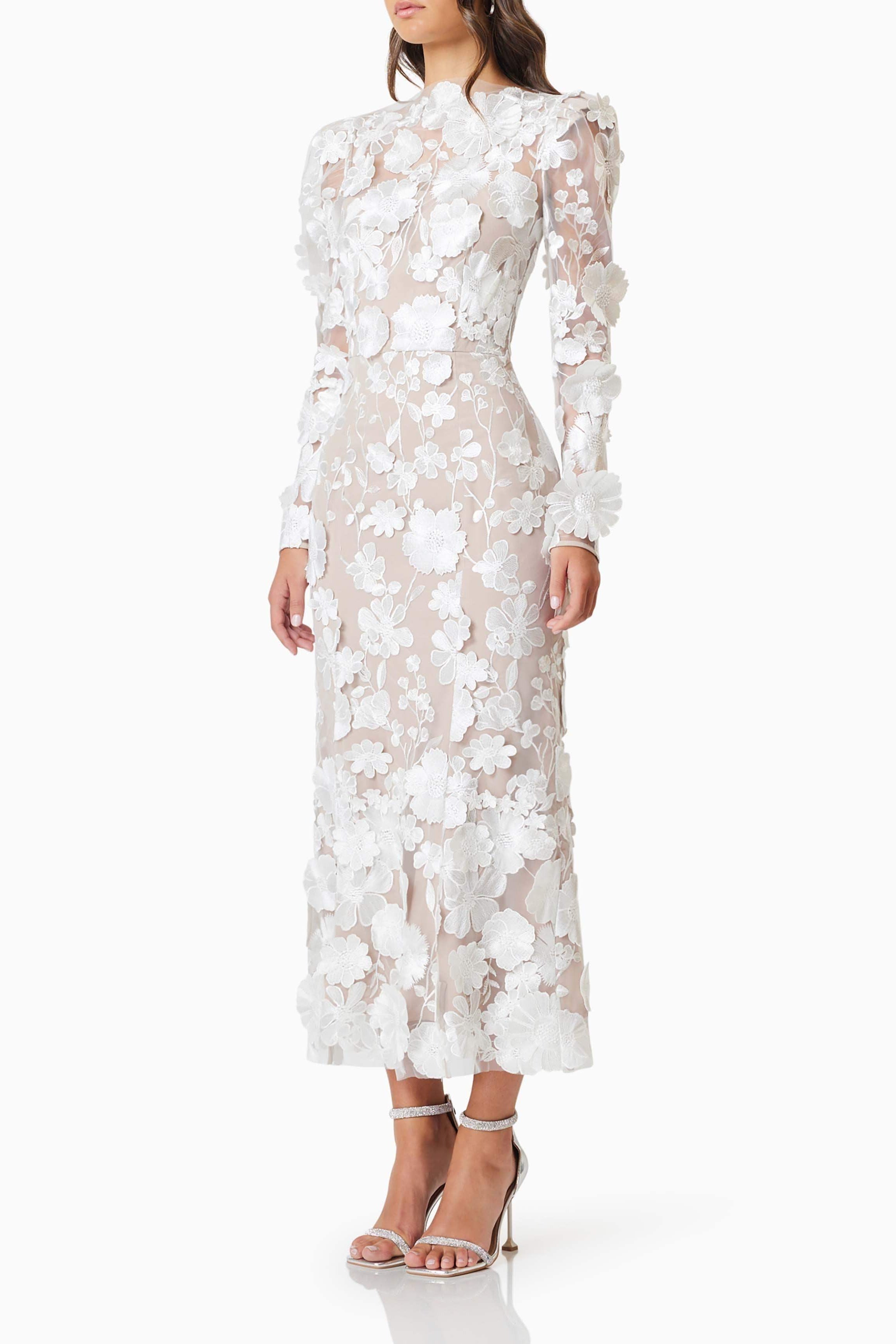 3D Floral Midi Dress In White