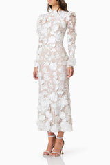 3D Floral Midi Dress In White