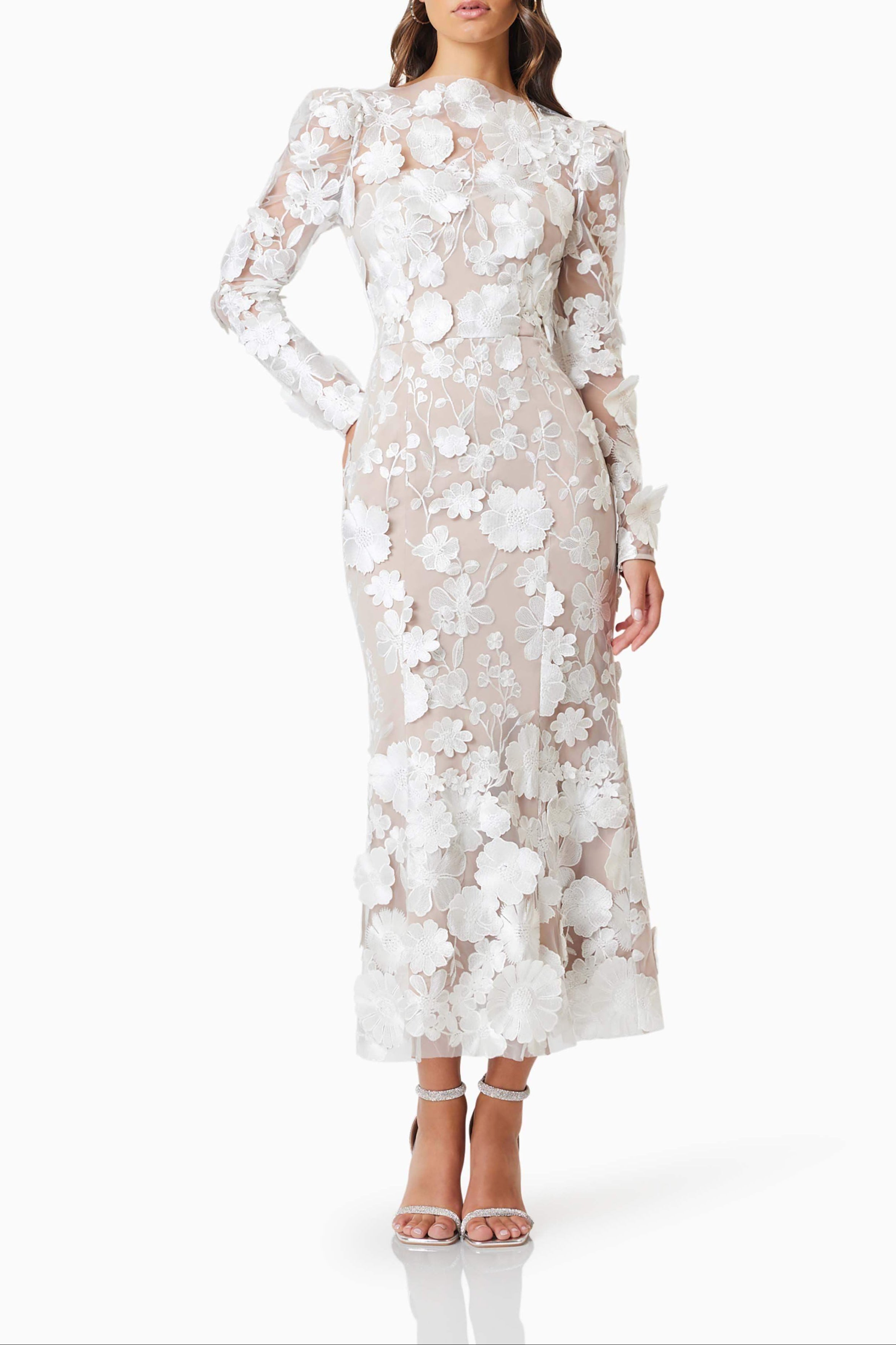3D Floral Midi Dress In White