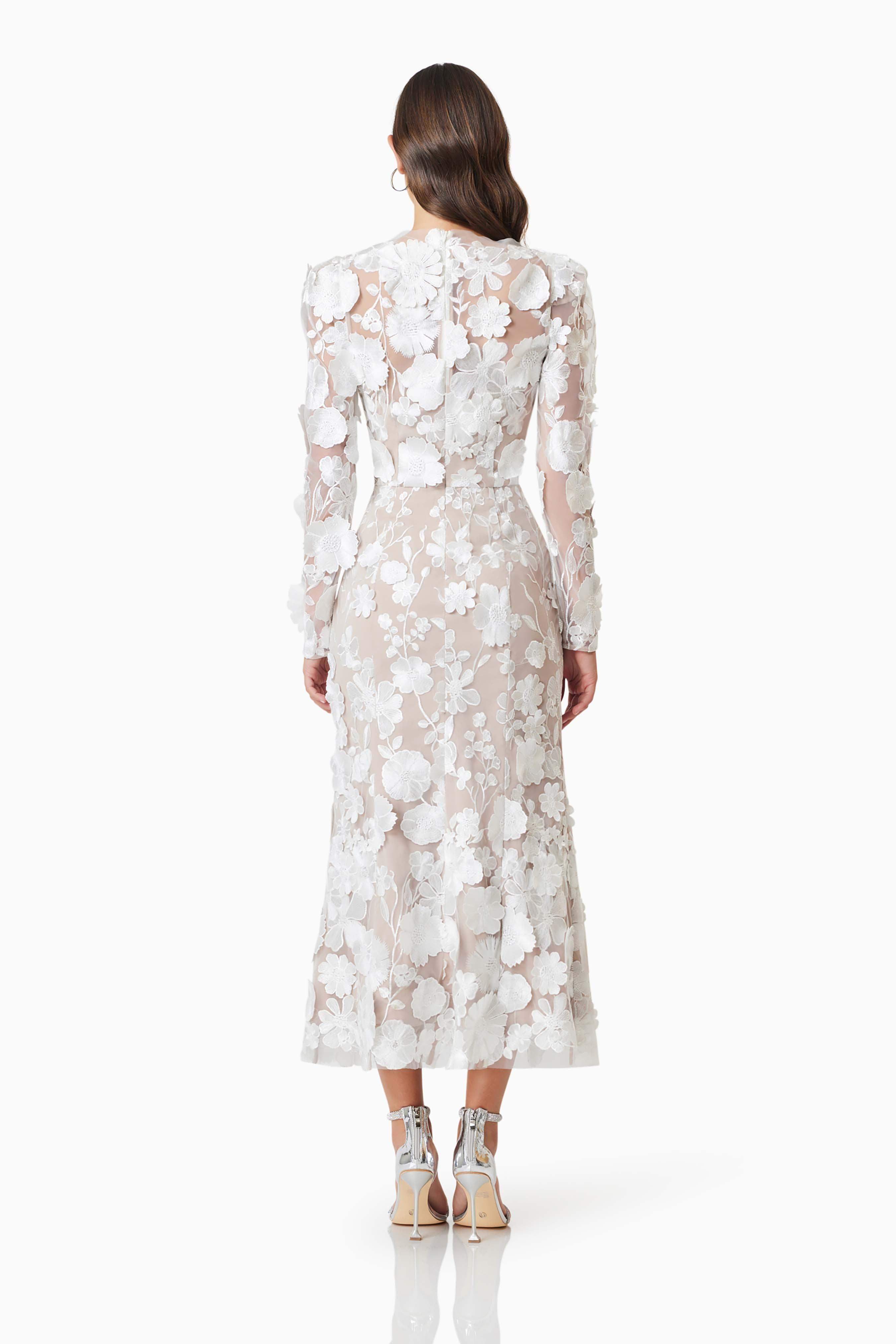 3D Floral Midi Dress In White