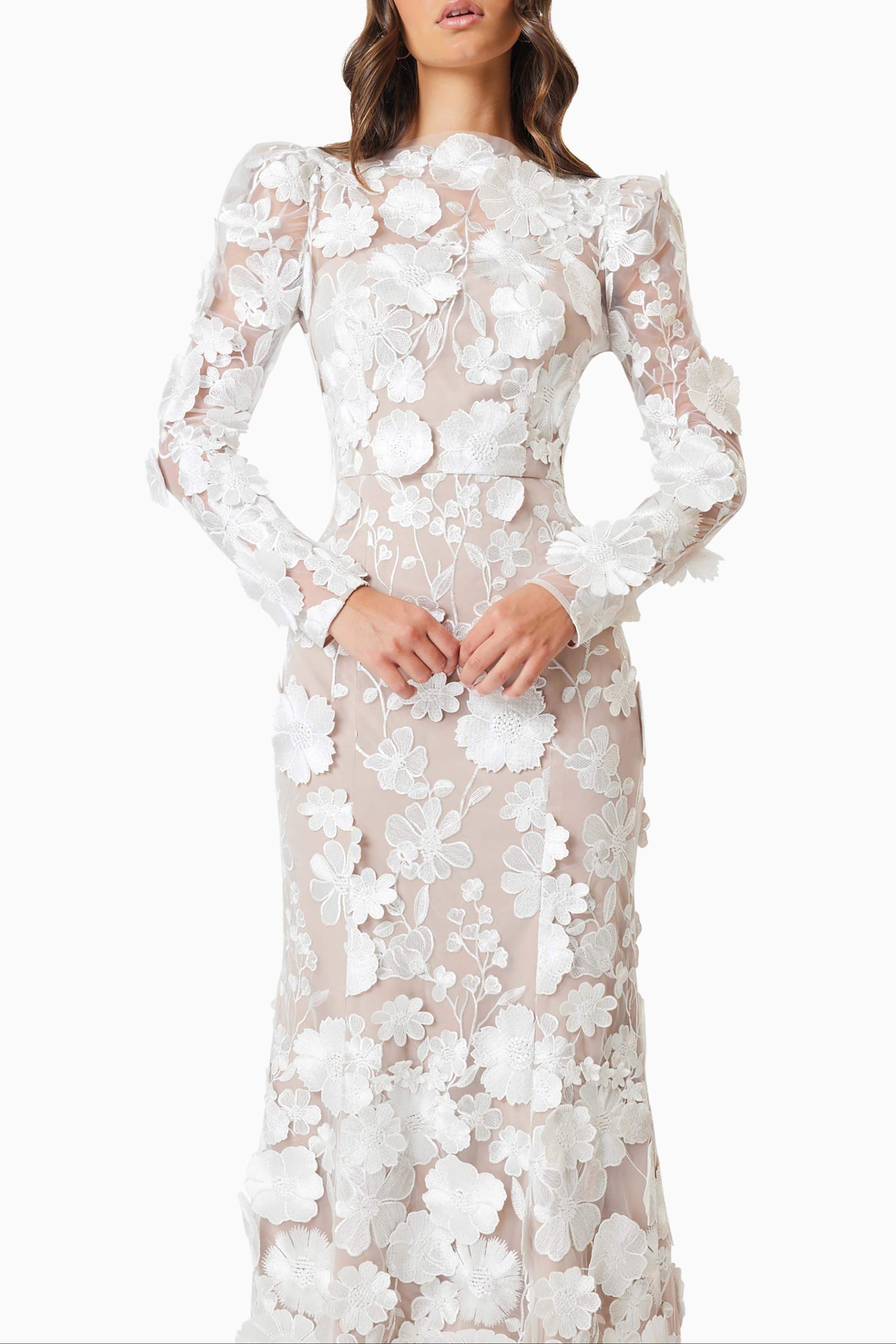 3D Floral Midi Dress In White