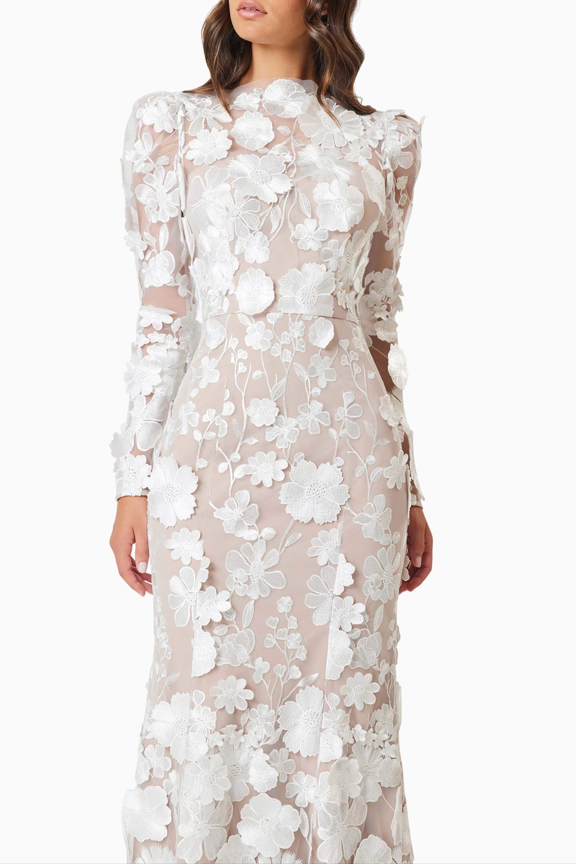 3D Floral Midi Dress In White