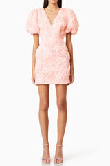 V-Neck Flower Embellished Puff Mini Dress in Ballet Pink