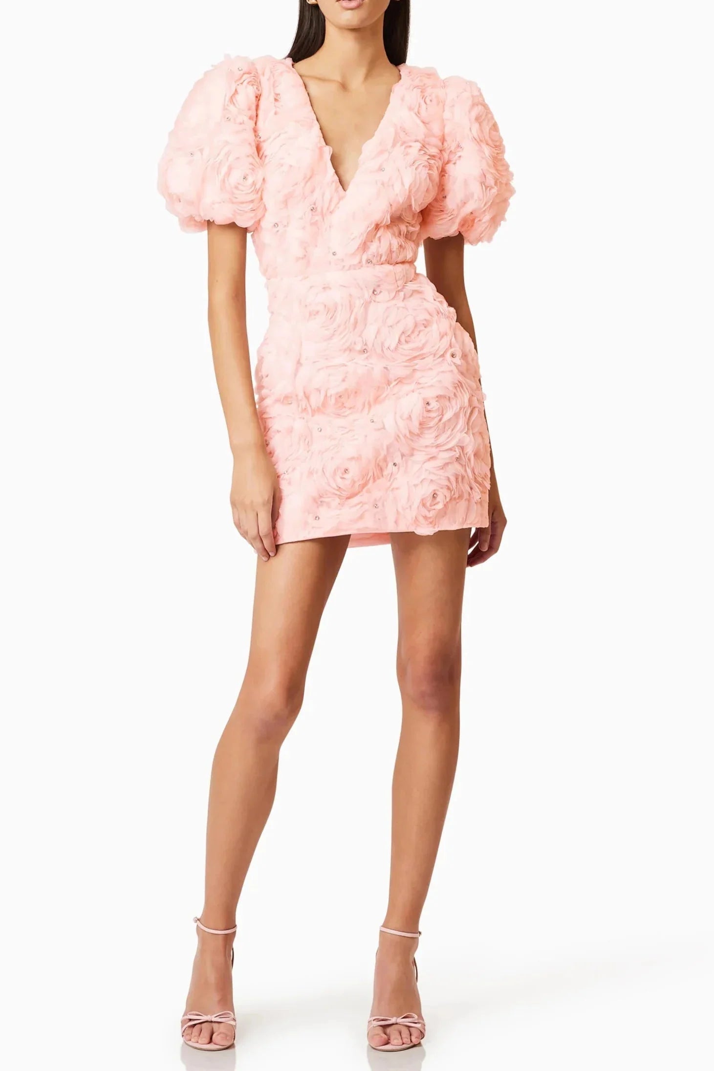 V-Neck Flower Embellished Puff Mini Dress in Ballet Pink
