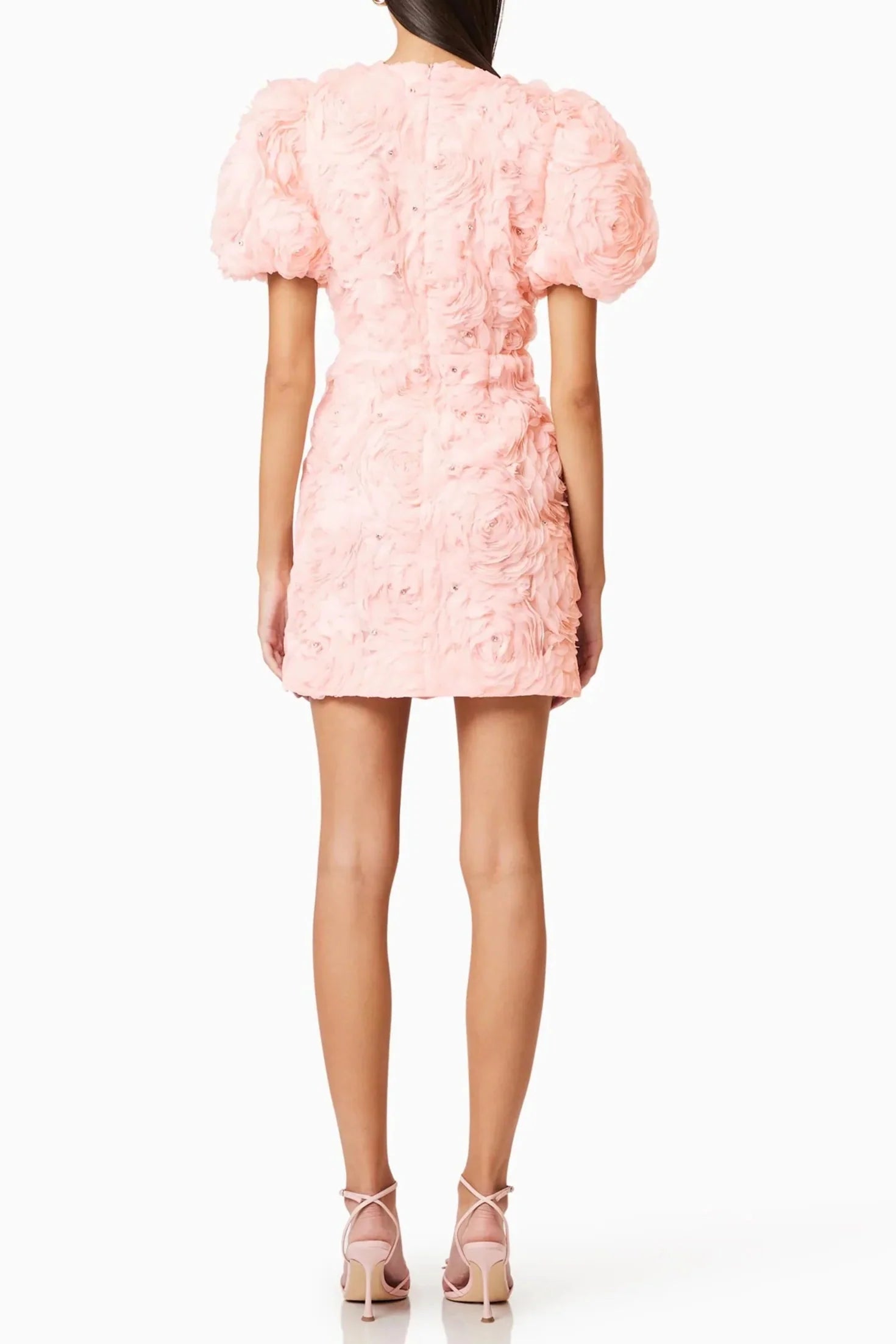V-Neck Flower Embellished Puff Mini Dress in Ballet Pink