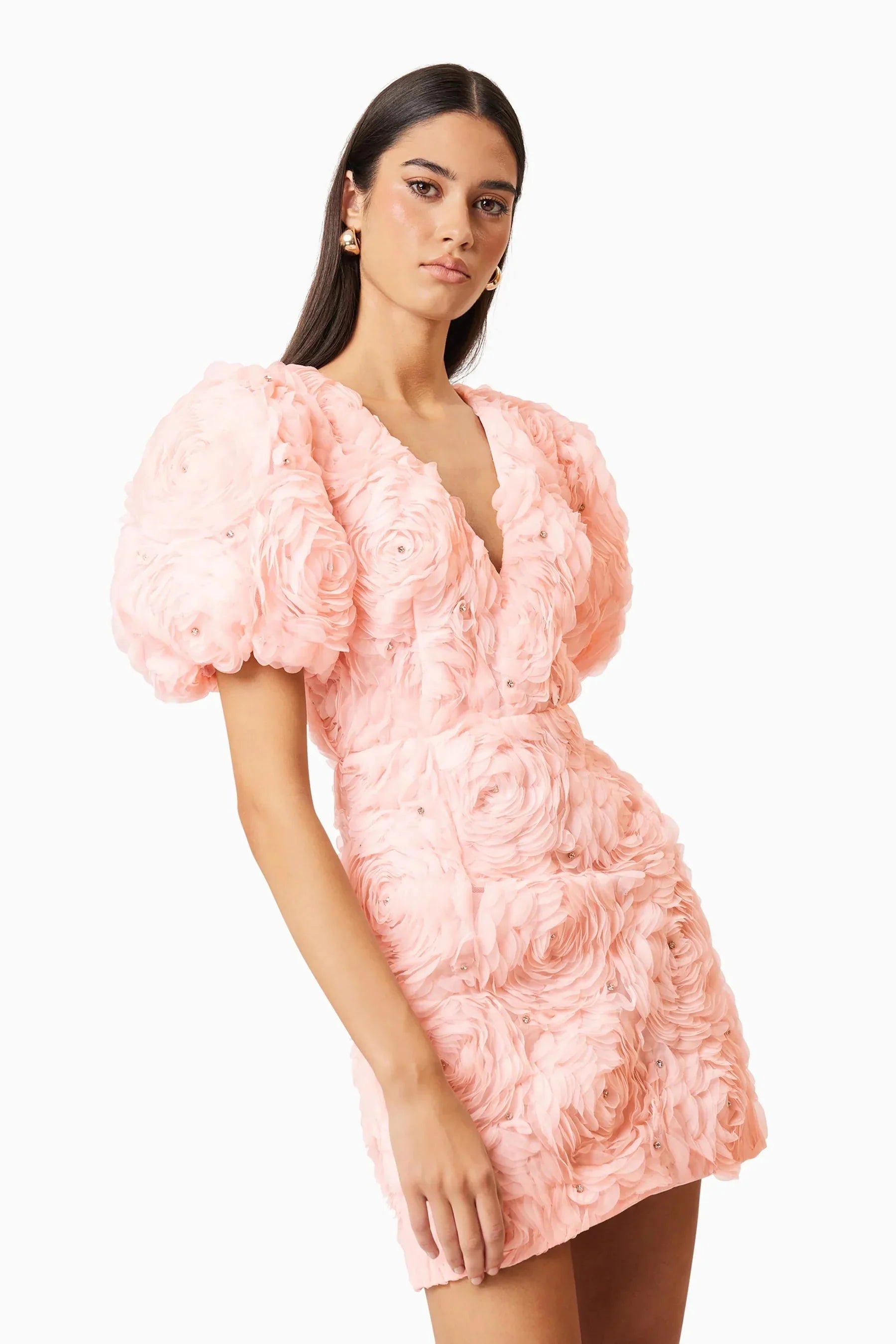 V-Neck Flower Embellished Puff Mini Dress in Ballet Pink