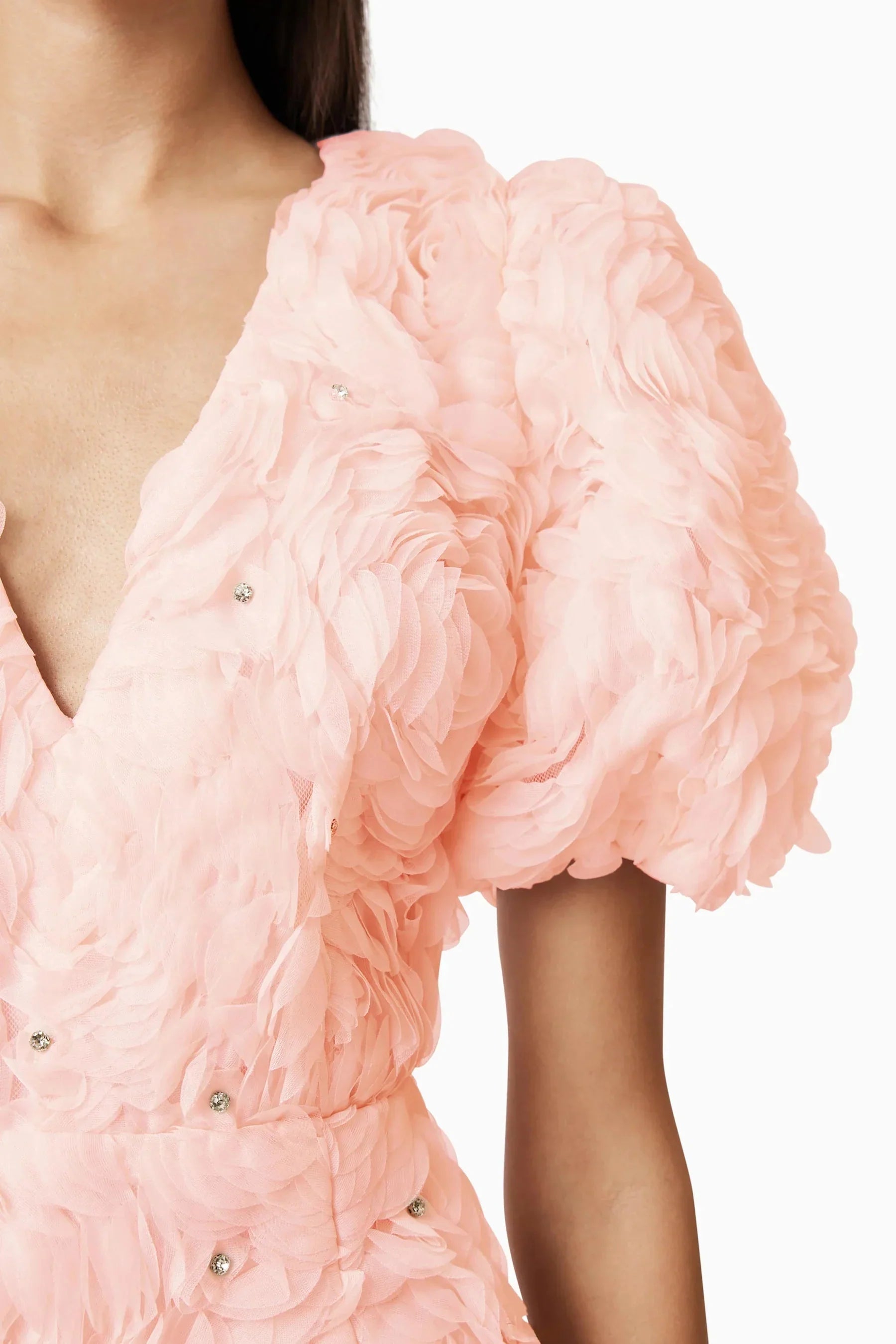 V-Neck Flower Embellished Puff Mini Dress in Ballet Pink