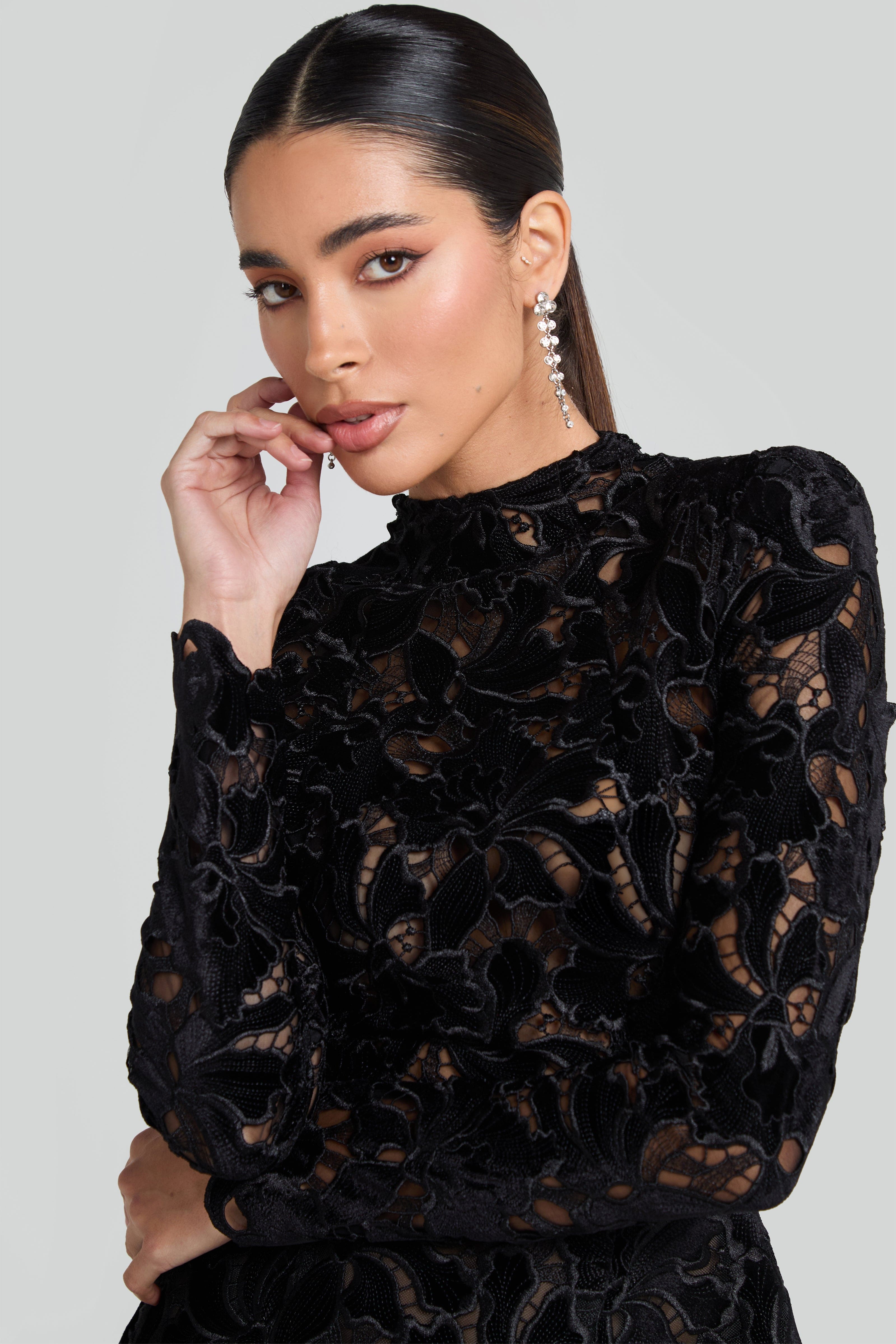 Long-Sleeved Zippered Lace Mini Dress in Black