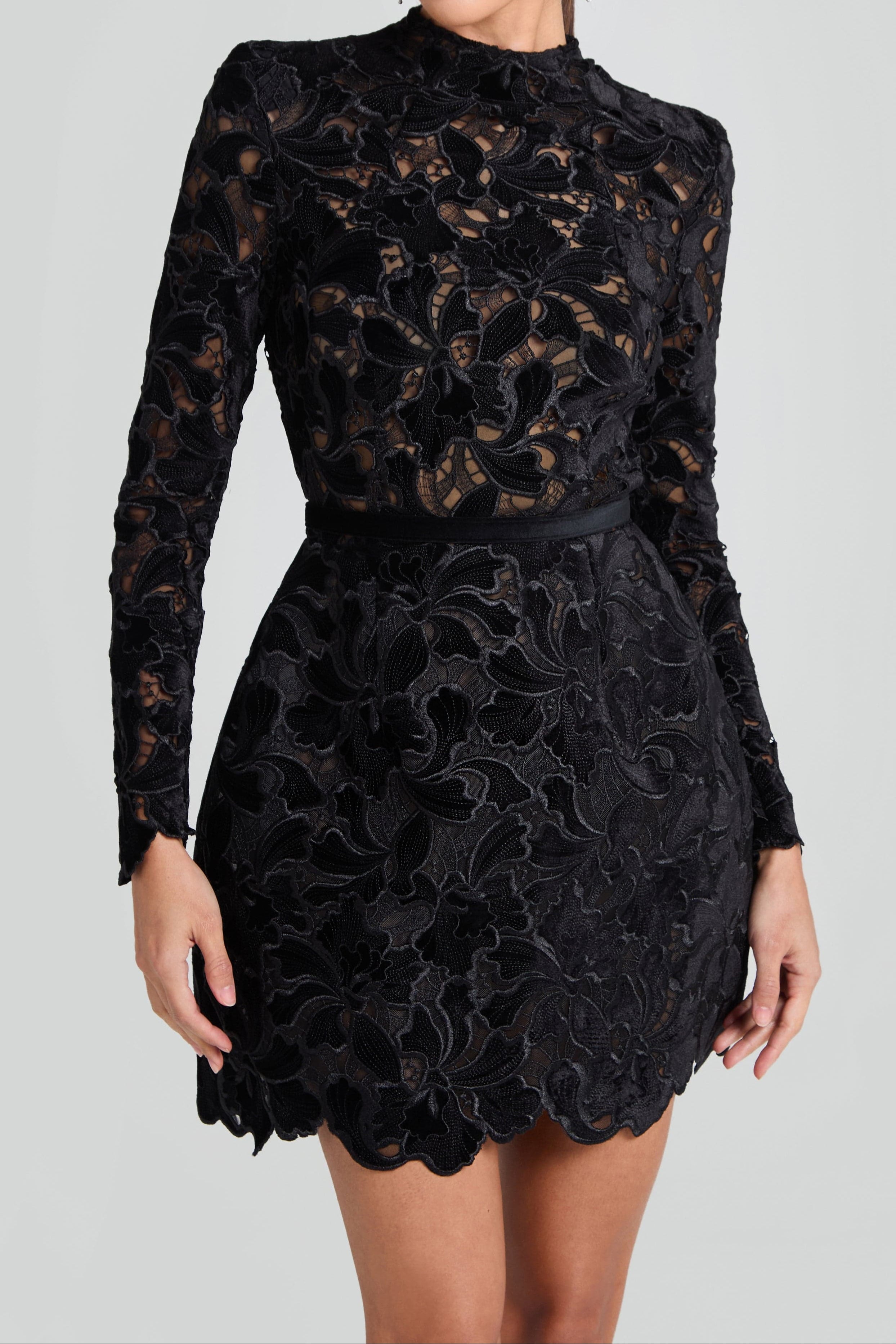 Long-Sleeved Zippered Lace Mini Dress in Black