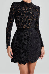 Long-Sleeved Zippered Lace Mini Dress in Black