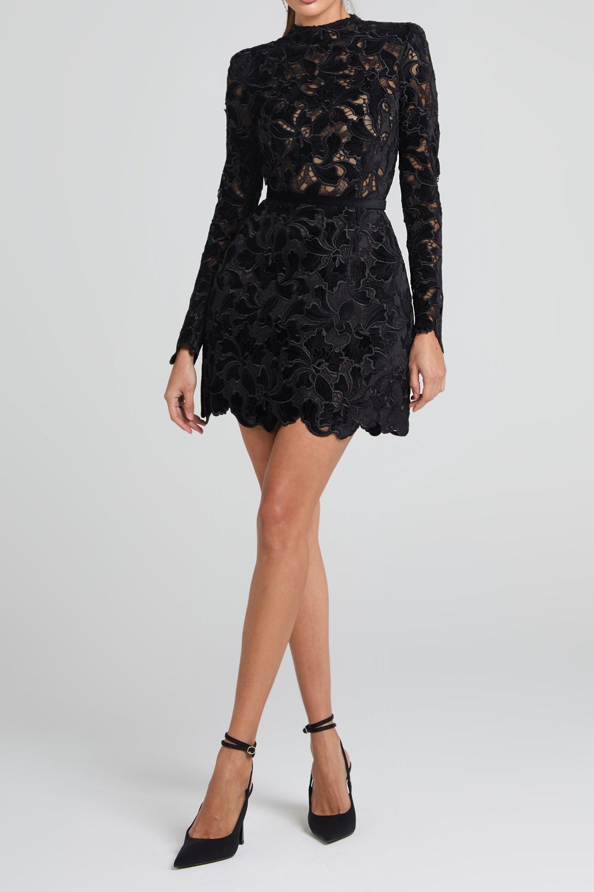 Long-Sleeved Zippered Lace Mini Dress in Black