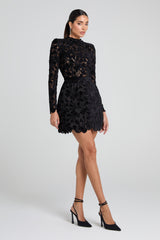 Long-Sleeved Zippered Lace Mini Dress in Black