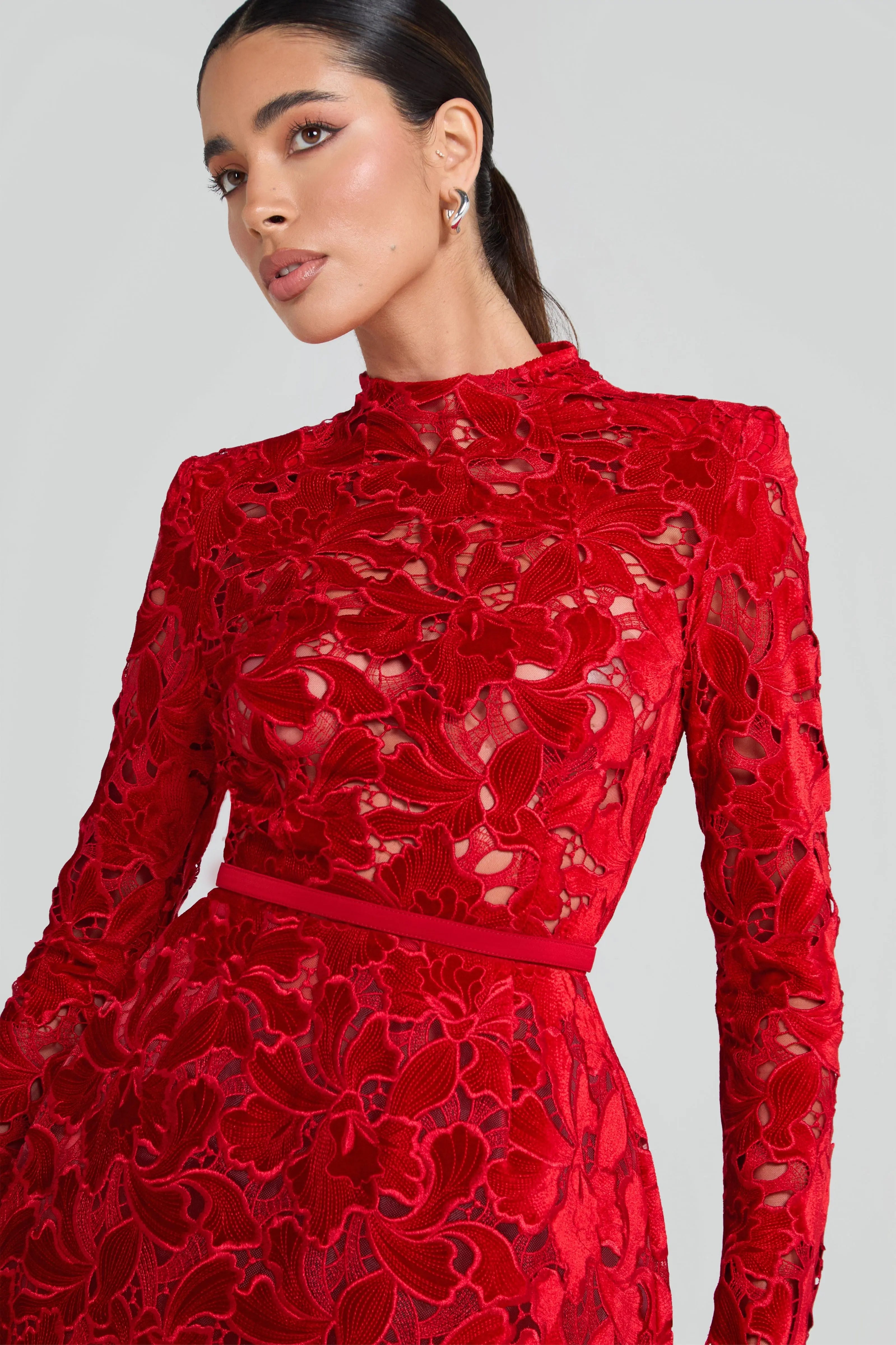 Long-Sleeved Zippered Lace Mini Dress in Red