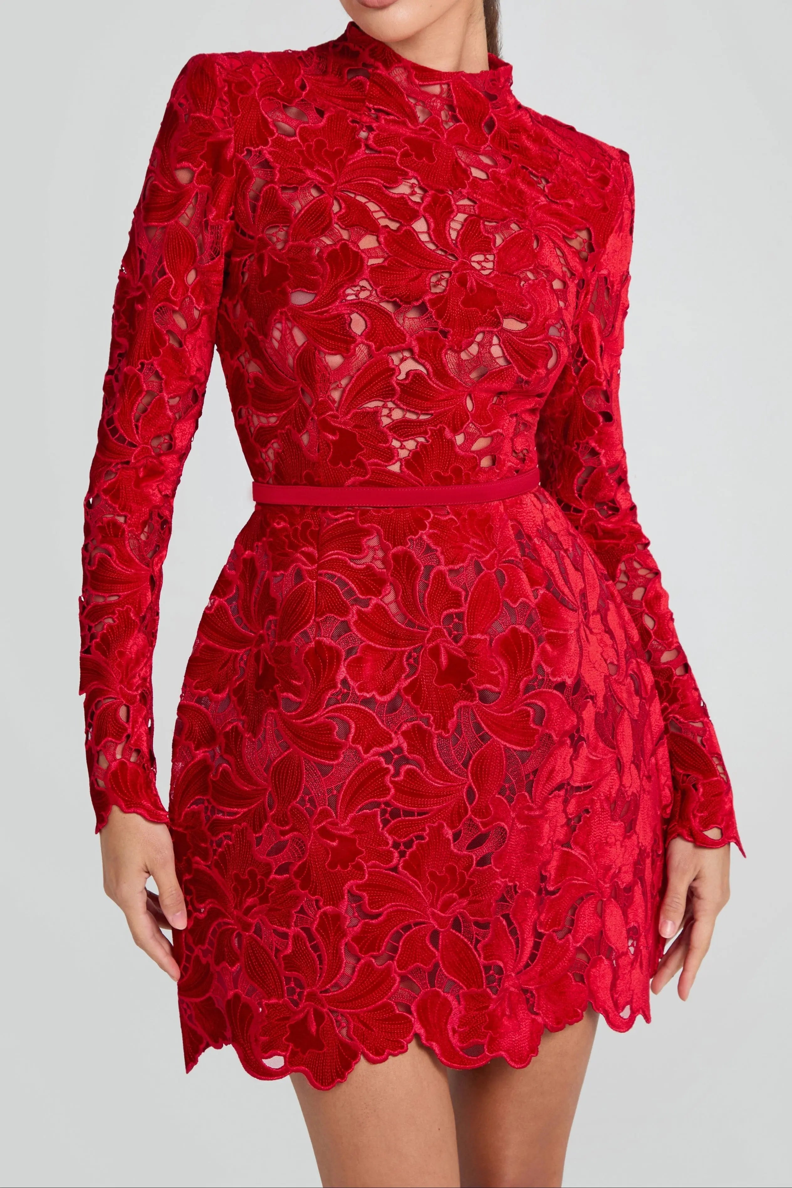 Long-Sleeved Zippered Lace Mini Dress in Red
