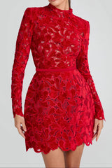 Long-Sleeved Zippered Lace Mini Dress in Red