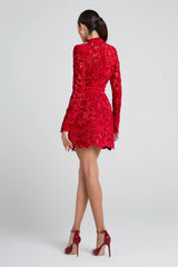 Long-Sleeved Zippered Lace Mini Dress in Red